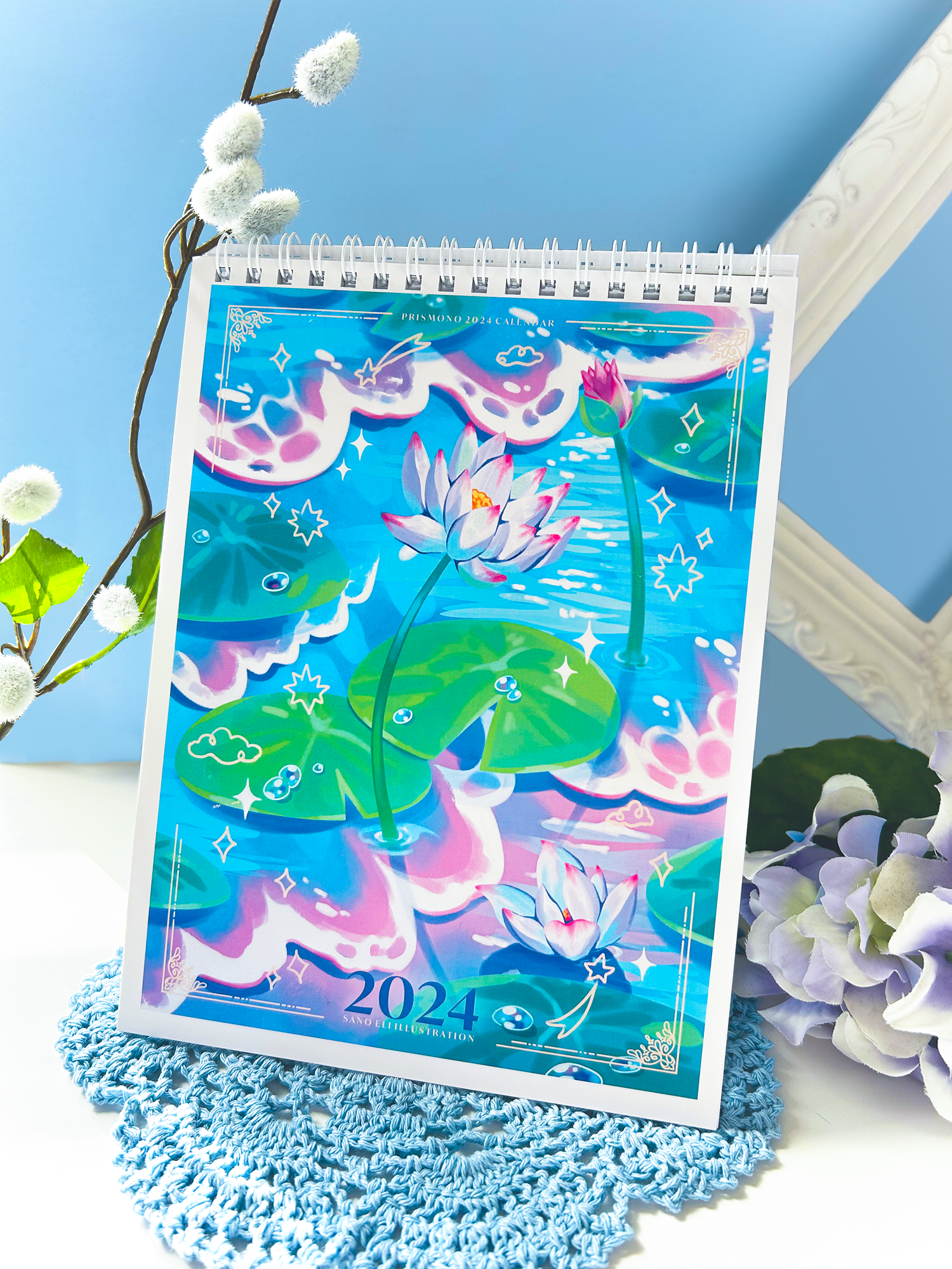 2024 Desk Calendar White Coil Illustration Art Book with Beautiful Art and Digital Paintings