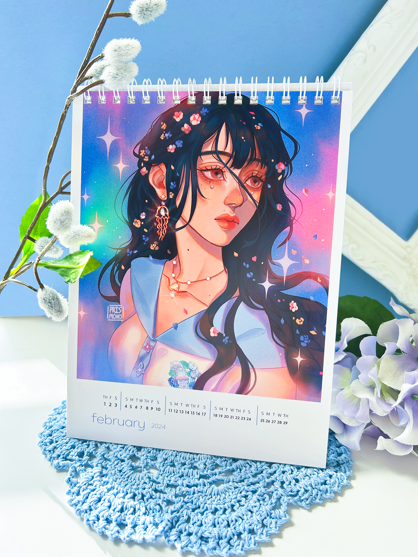 2024 Desk Calendar White Coil Illustration Art Book with Beautiful Art and Digital Paintings