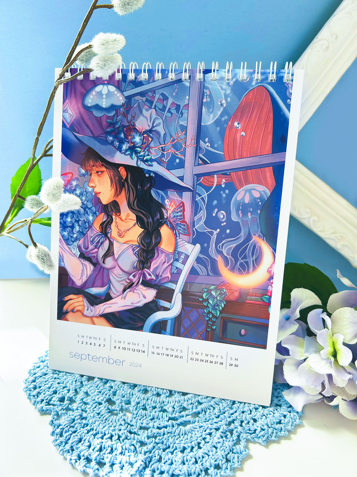 2024 Desk Calendar White Coil Illustration Art Book with Beautiful Art and Digital Paintings