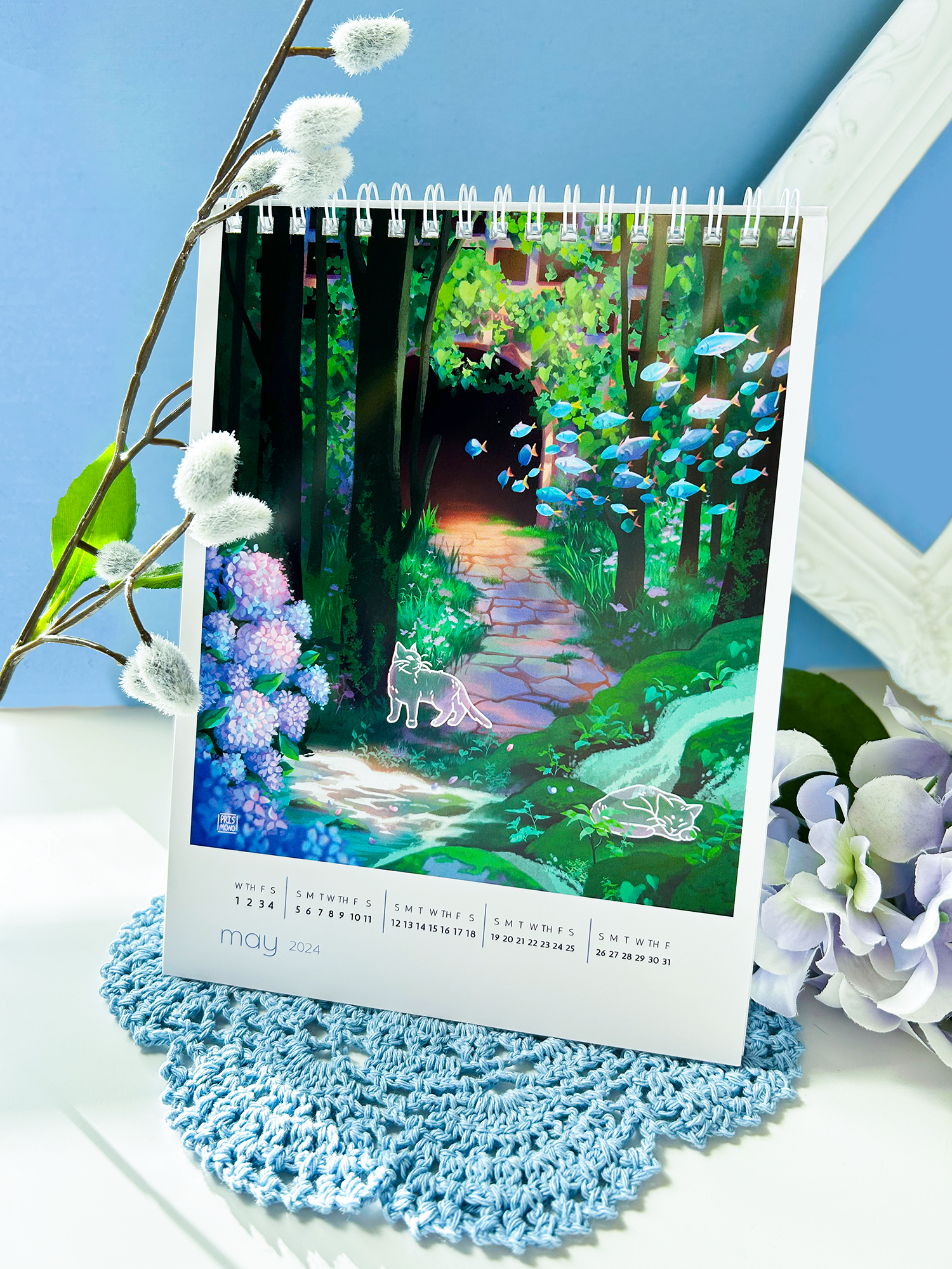 2024 Desk Calendar White Coil Illustration Art Book with Beautiful Art and Digital Paintings