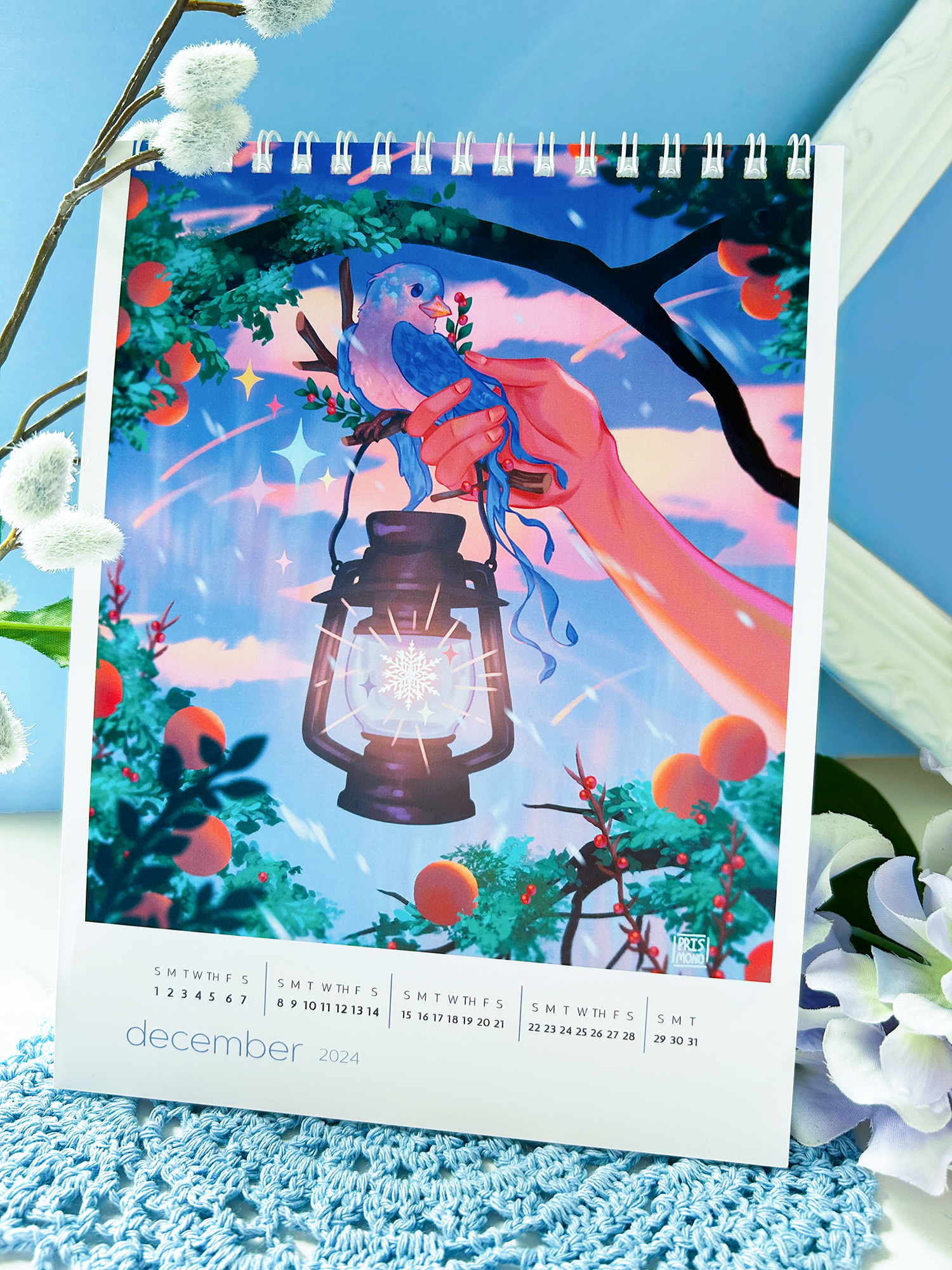 2024 Desk Calendar White Coil Illustration Art Book with Beautiful Art and Digital Paintings