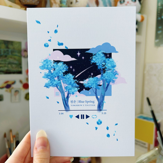 Tomorrow x Together TXT Blue Spring Postcard Art Print with Beautiful Blue Trees and Song Playlist Design