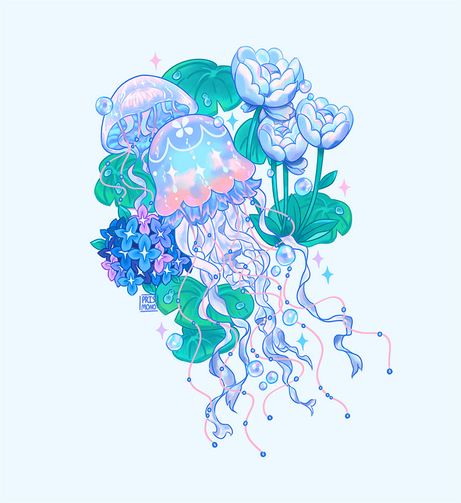 An acrylic lanyard keychain featuring a Jellyfish Garden concept