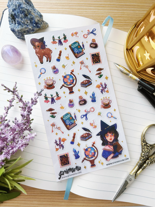 A high quality sticker sheet themed around an enchanting witch study in collaboration with STICKII Club! Halloween Spooky Adorable Stickers