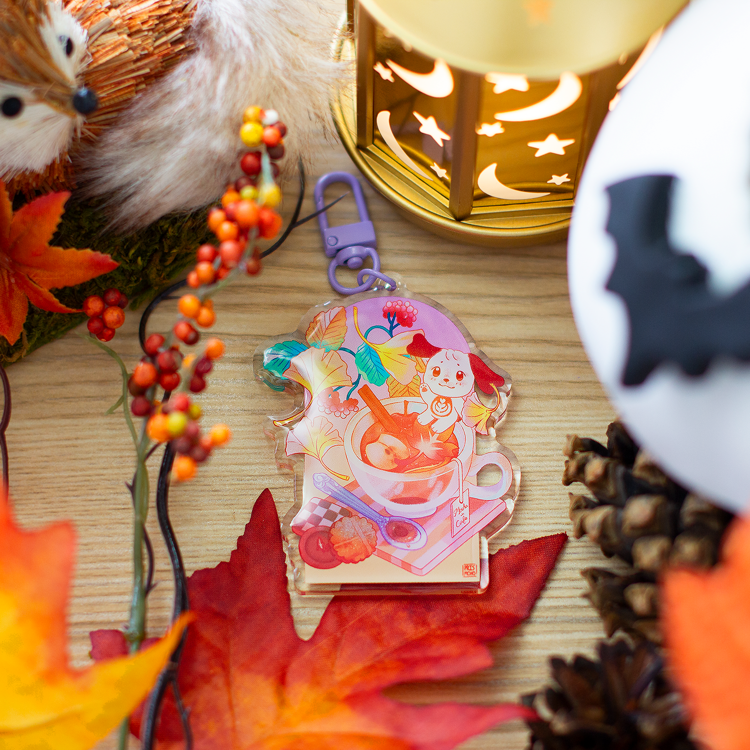 Adorable Mocha Cafe Autumn Fall Acrylic Keychain with Kawaii Puppy Dog Character and Desserts