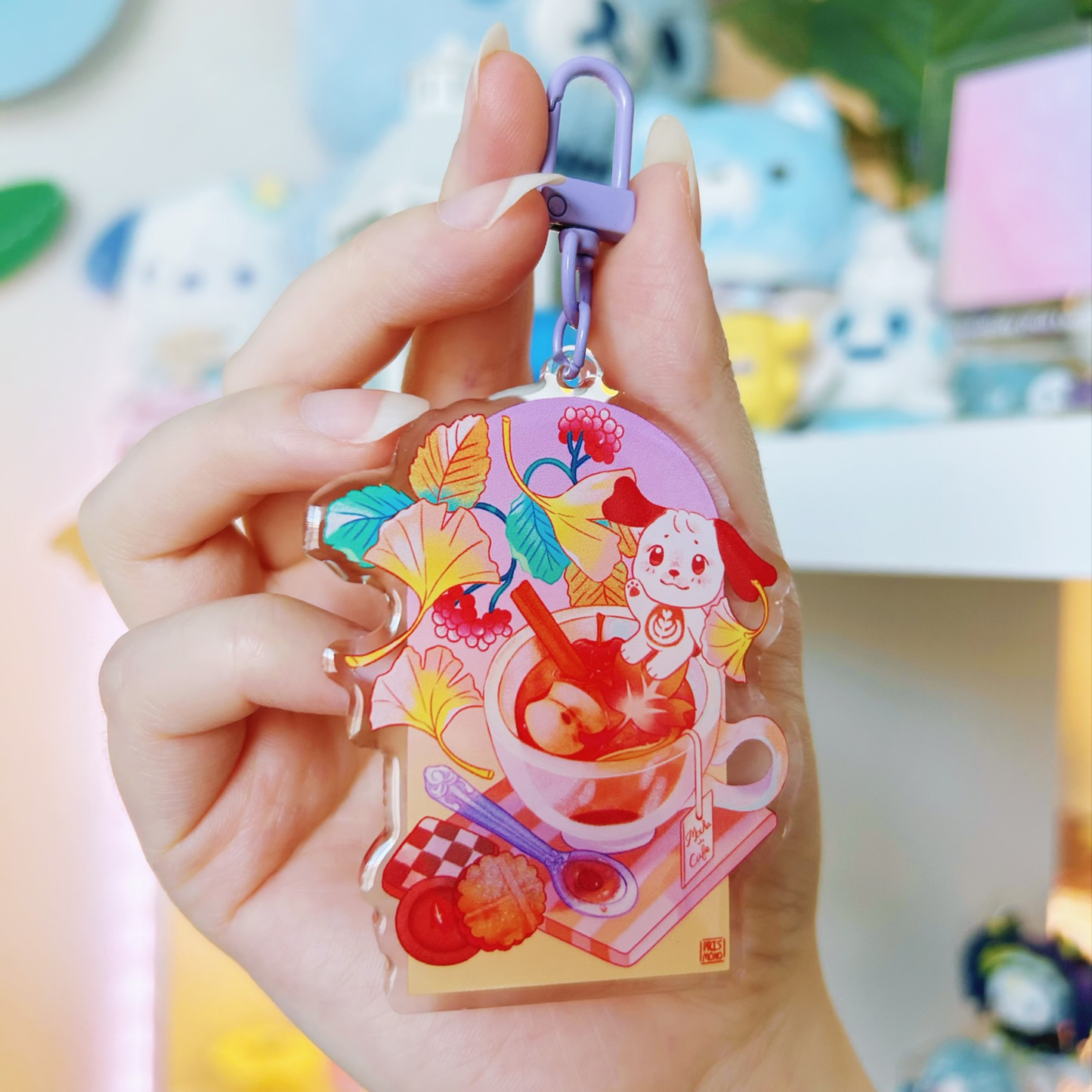 Adorable Mocha Cafe Autumn Fall Acrylic Keychain with Kawaii Puppy Dog Character and Desserts