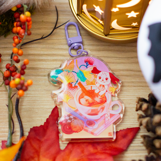 Adorable Mocha Cafe Autumn Fall Acrylic Keychain with Kawaii Puppy Dog Character and Desserts