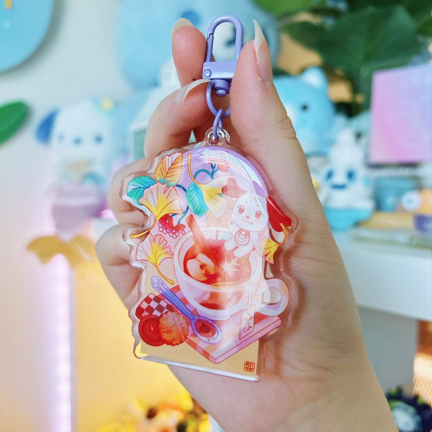 Adorable Mocha Cafe Autumn Fall Acrylic Keychain with Kawaii Puppy Dog Character and Desserts