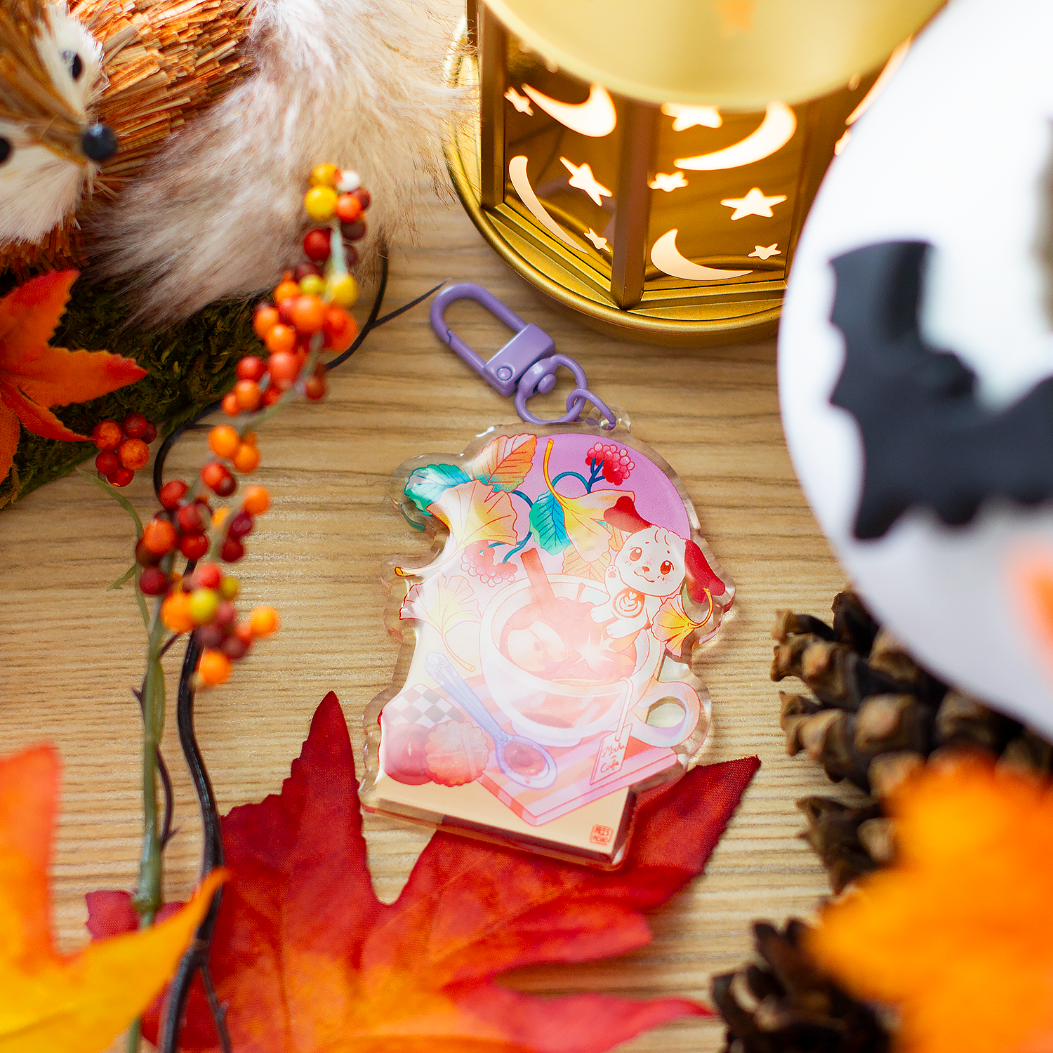 Adorable Mocha Cafe Autumn Fall Acrylic Keychain with Kawaii Puppy Dog Character and Desserts