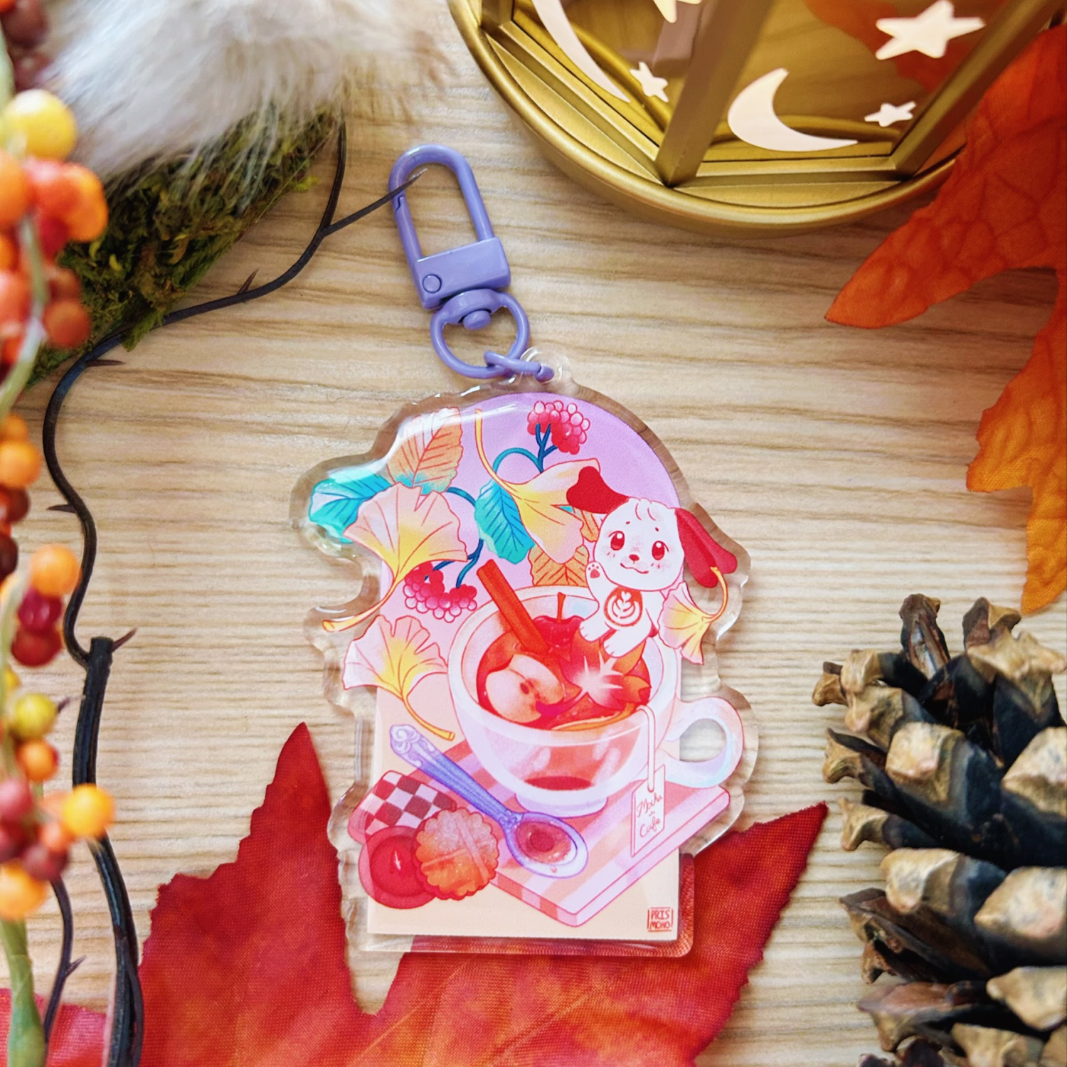 Adorable Mocha Cafe Autumn Fall Acrylic Keychain with Kawaii Puppy Dog Character and Desserts