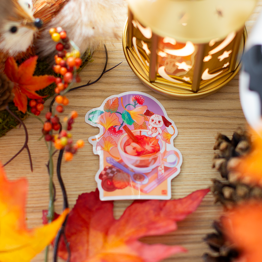 Adorable Mocha Cafe Autumn Fall Transparent Sticker with Puppy Dog Character and Desserts