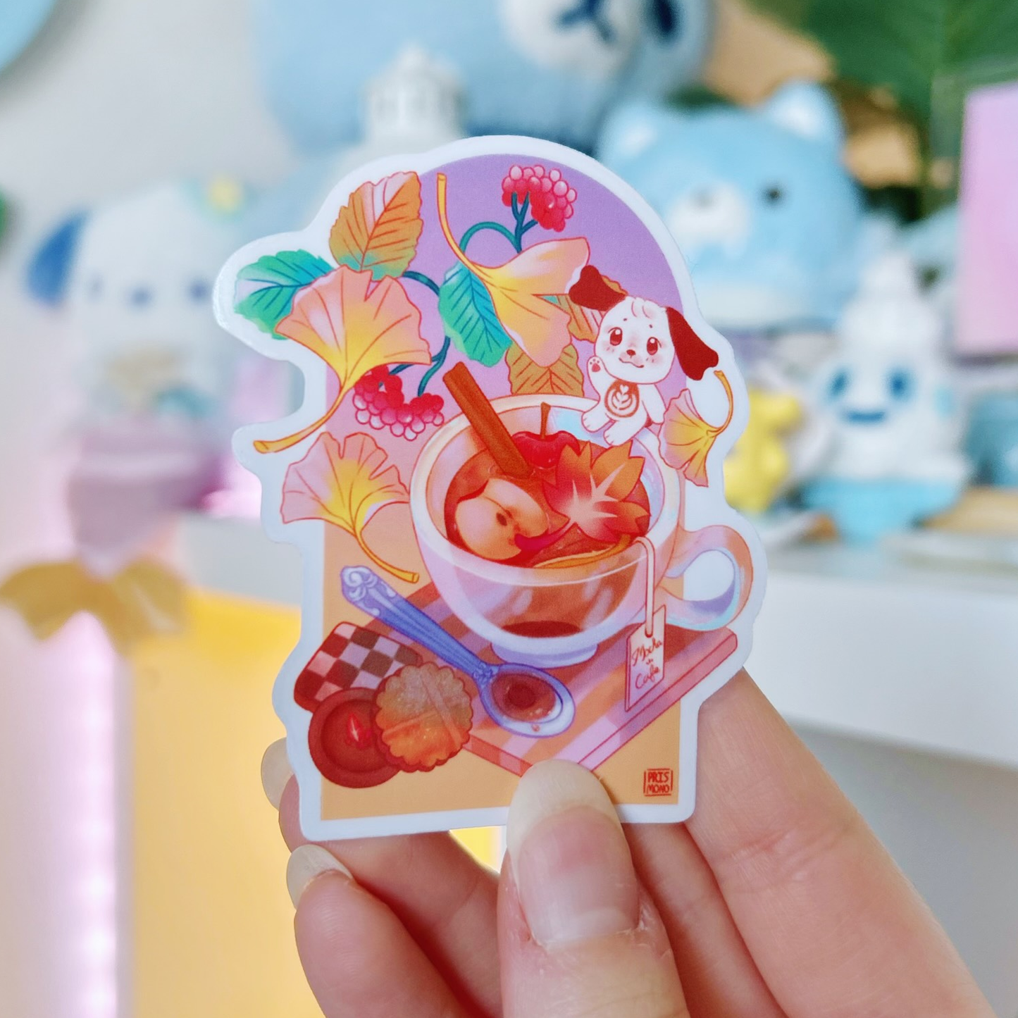 Adorable Mocha Cafe Autumn Fall Transparent Sticker with Puppy Dog Character and Desserts