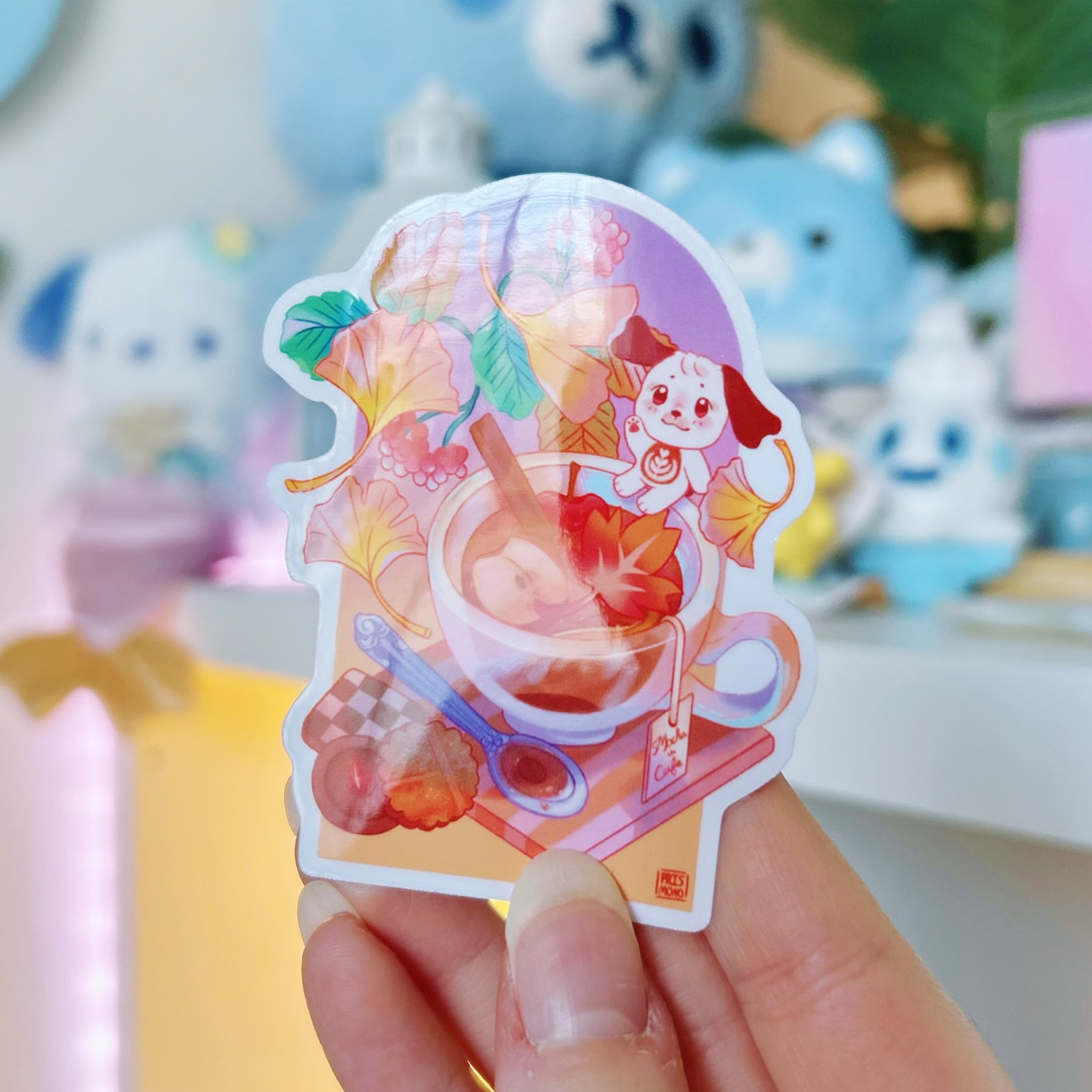 Adorable Mocha Cafe Autumn Fall Transparent Sticker with Puppy Dog Character and Desserts