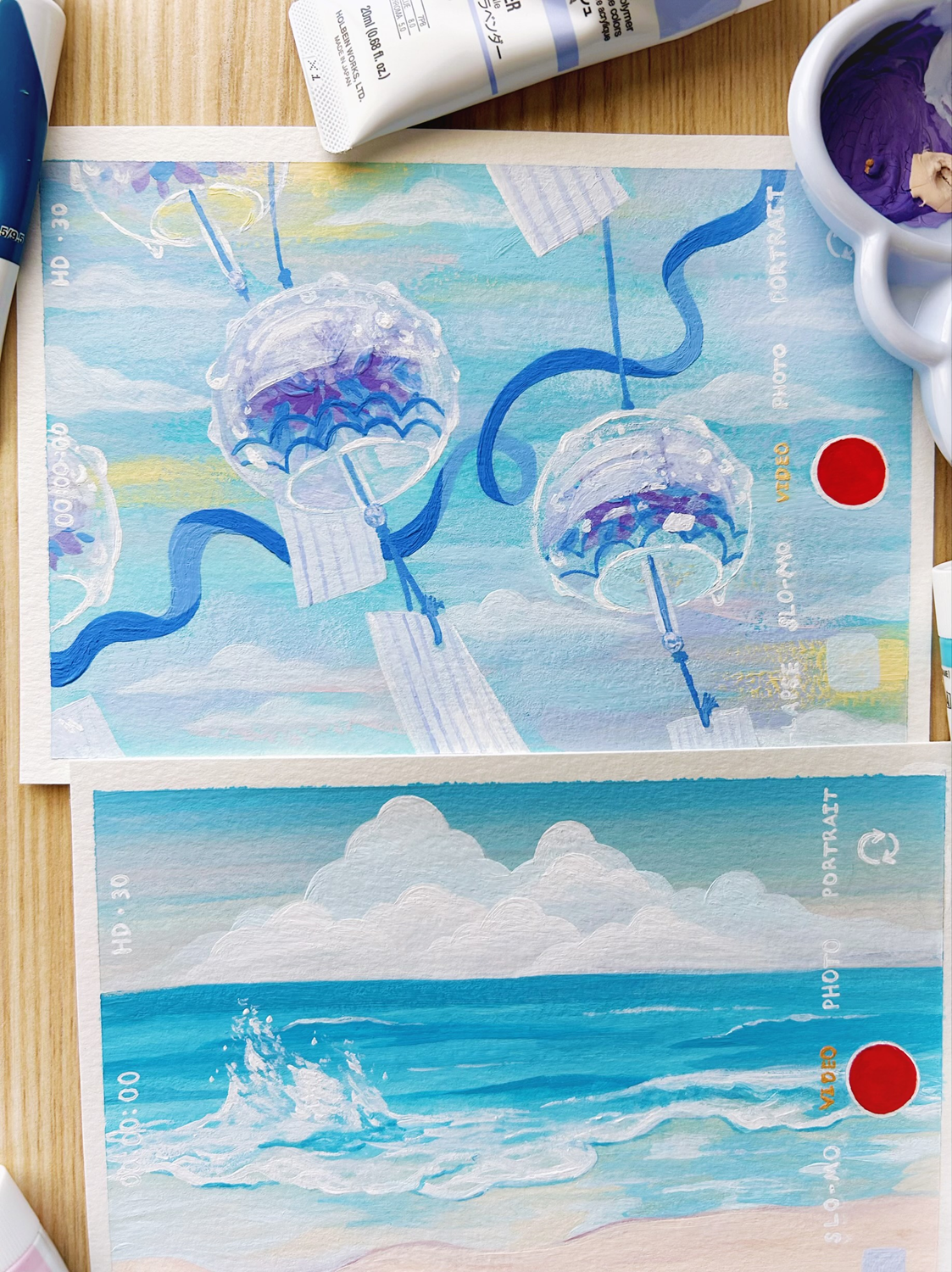 Nostalgic Aesthetic Beach Waves and Wind Chimes Gouache Painting Illustration Original Fine Art