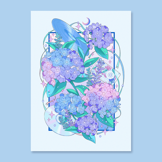 Music Record Hydrangea Postcard Art Print 5x7 Illustration Inspired by Japanese Flower Anime Art