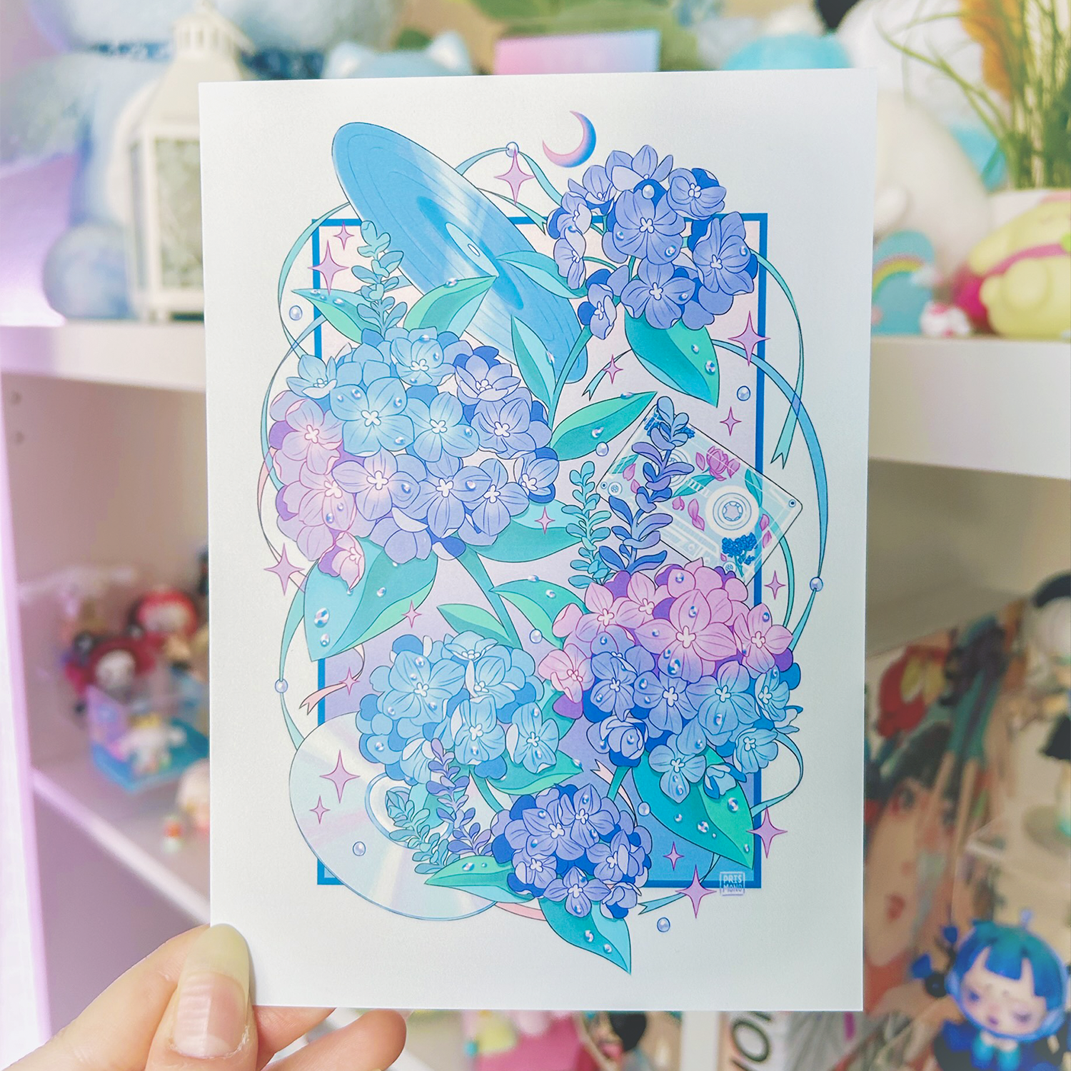 Music Record Hydrangea Postcard Art Print 5x7 Illustration Inspired by Japanese Flower Anime Art