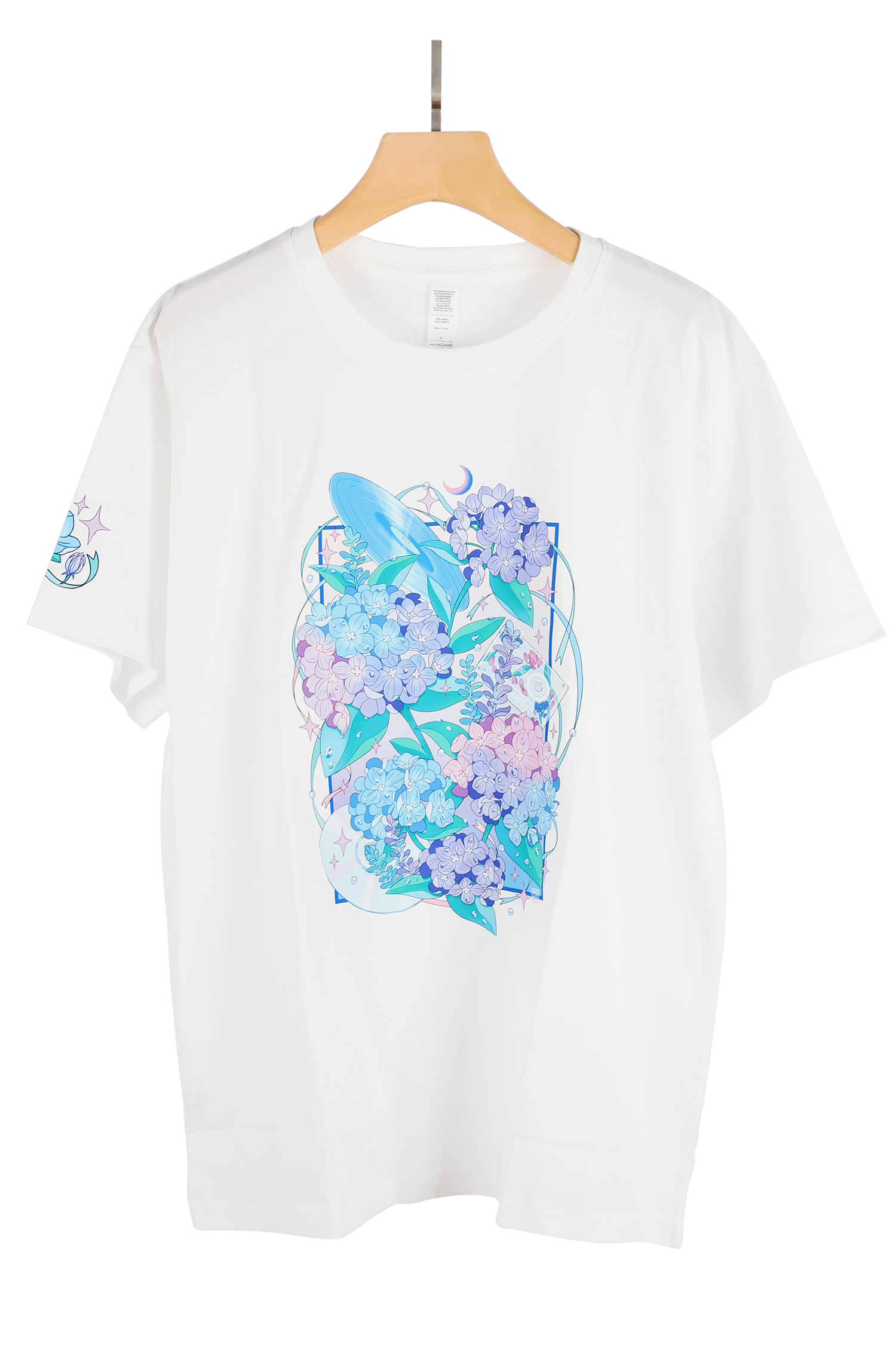 Music Record Hydrangea Crewneck T-shirt Elbow Length Sleeves Illustration Inspired by Japanese Flower Anime Art