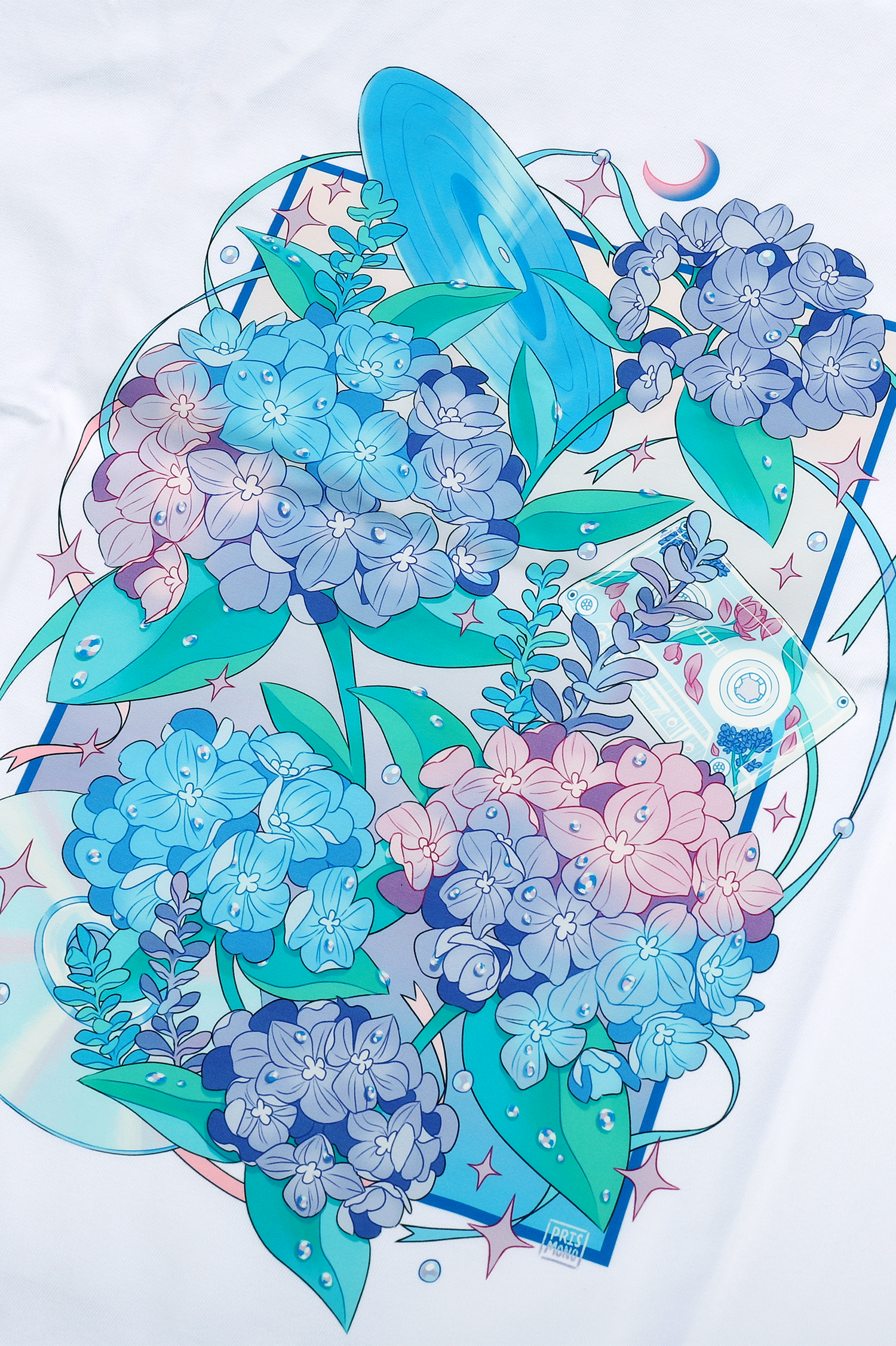 Music Record Hydrangea Crewneck T-shirt Elbow Length Sleeves Illustration Inspired by Japanese Flower Anime Art
