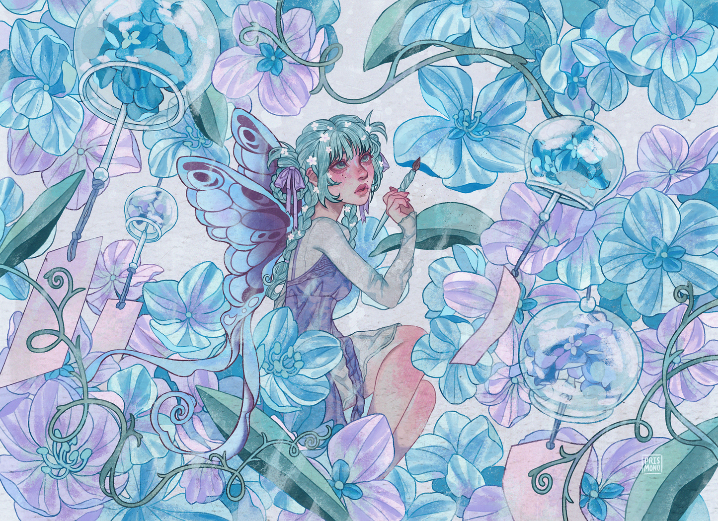 Watercolor-style fantasy illustration of a fairy surrounded by large blue and lavender hydrangea flowers, with translucent wind chimes and swirling vines; the fairy has pale blue-green hair, pink cheeks, and a purple dress.