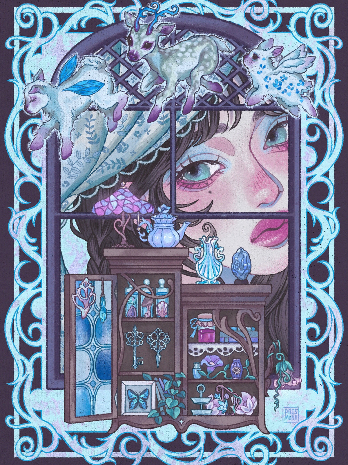 A whimsical fantasy illustration featuring a close-up of a woman's face seen through a window, with deer, flowers, teacups, and ornate cabinet details surrounding her. The artwork uses a pastel palette with prominent blue, purple, pink, and cream tones, framed by an ornate decorative border.