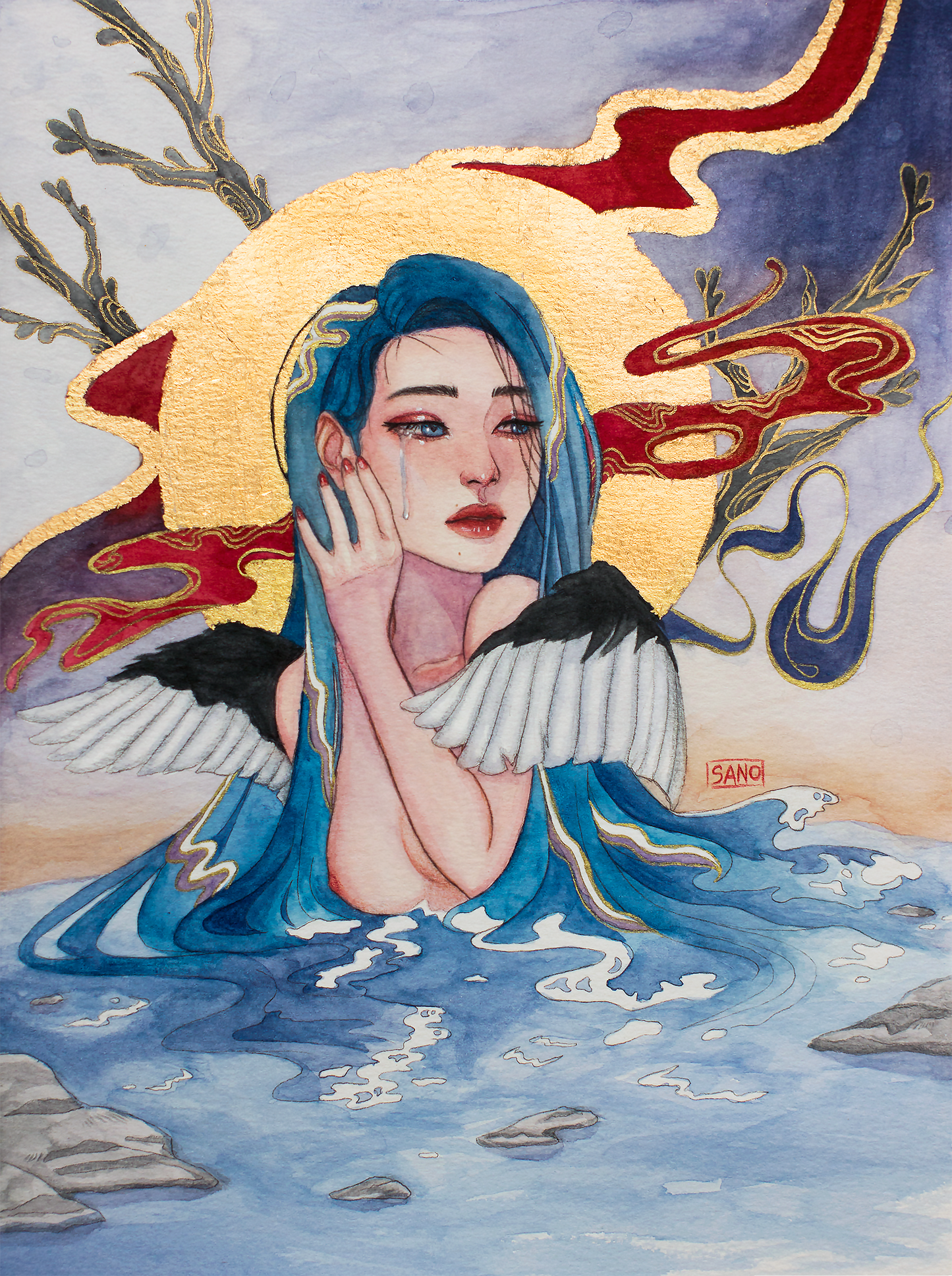 "Black Swan" Watercolor & Gold Leaf Painting Framed - 9x12in