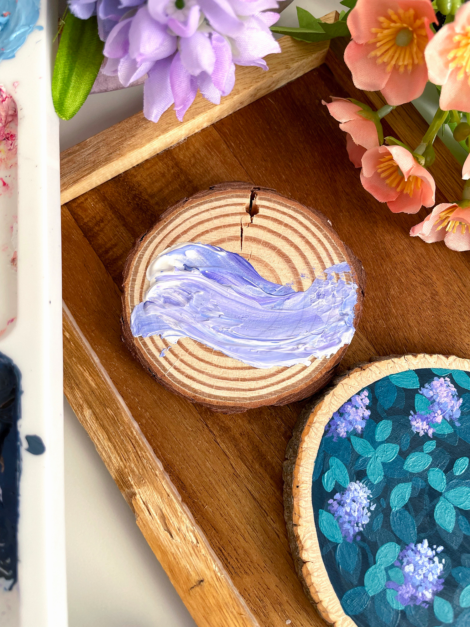 Ocean Wave Acrylic Painting on a Wood Slice