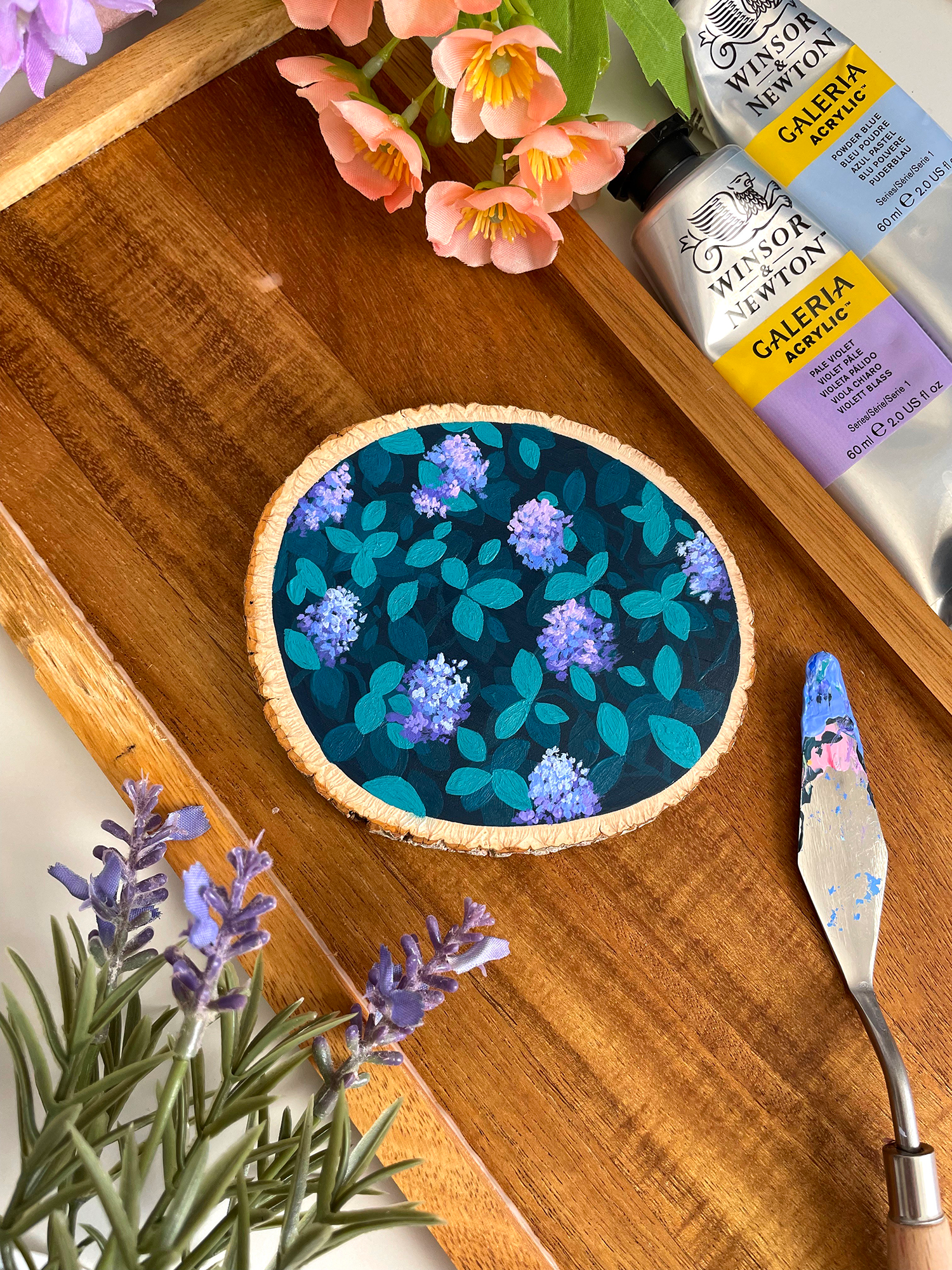 Hydrangae Flowers and Leaves Acrylic Painting on a Wood Slice
