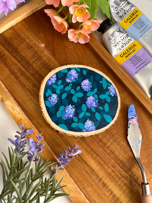 Hydrangae Flowers and Leaves Acrylic Painting on a Wood Slice
