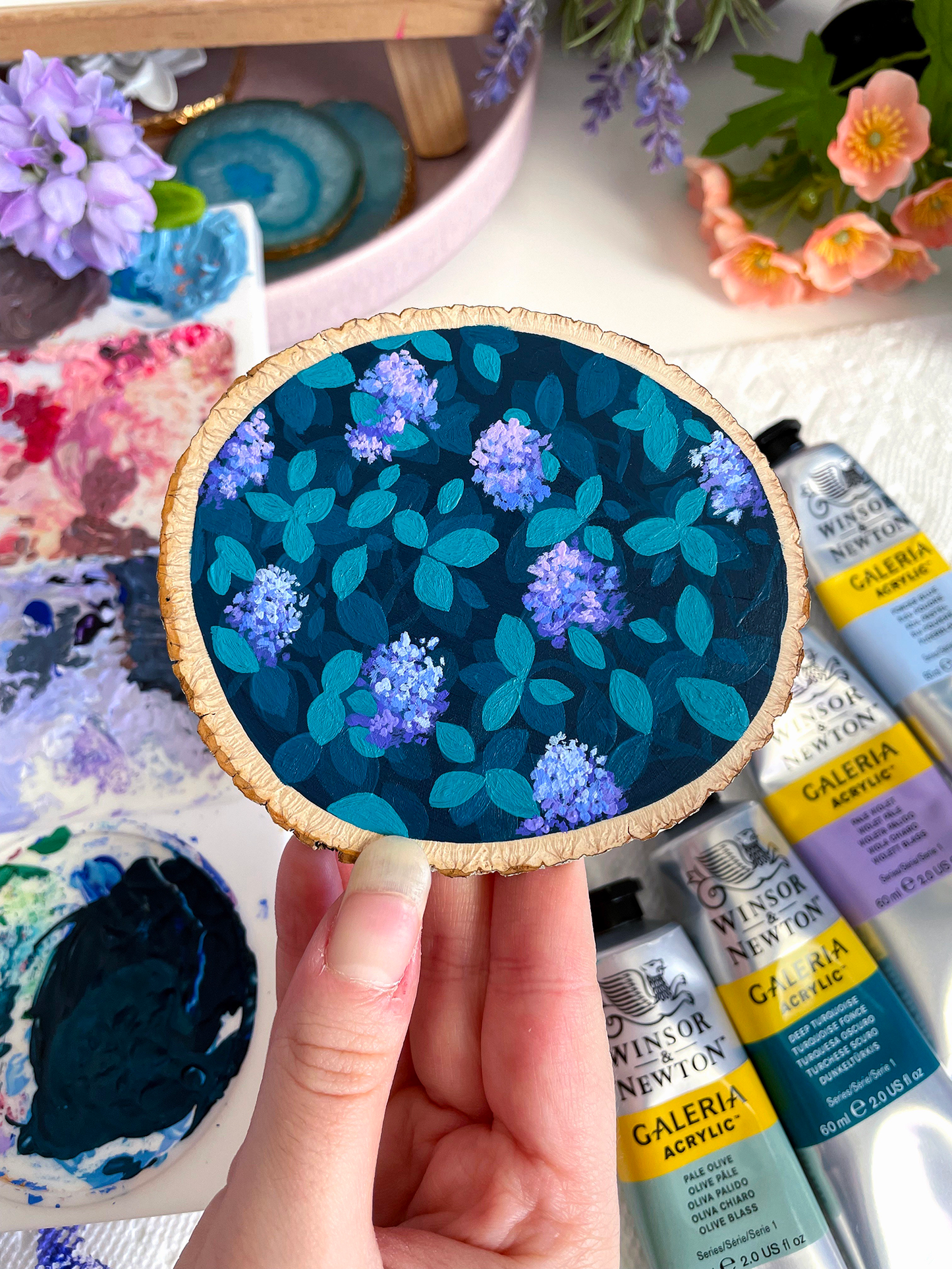 "Forest Hydrangeas" Wood Slice Acrylic Painting - 3.5x4in