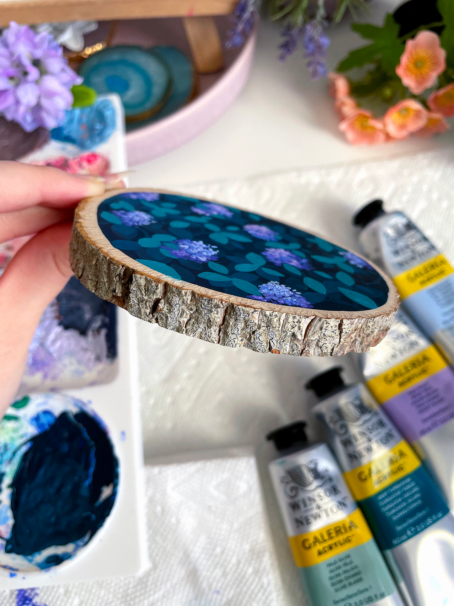 "Forest Hydrangeas" Wood Slice Acrylic Painting - 3.5x4in
