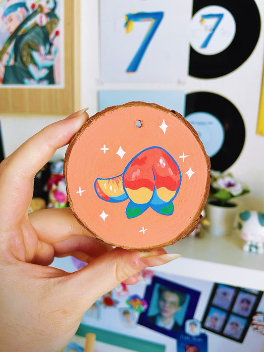 Adorable Peach Acrylic Painting on Wood Slice