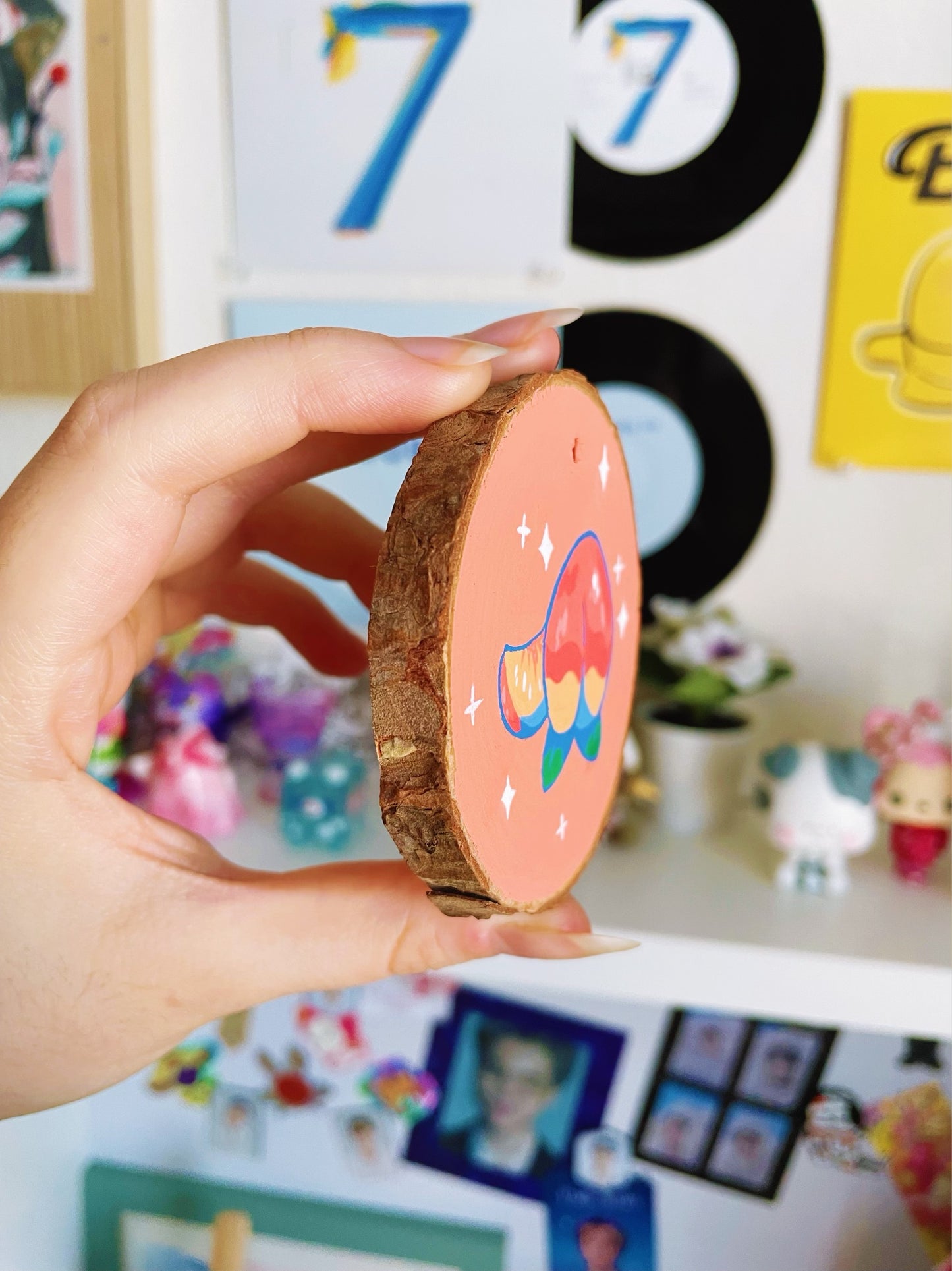 Adorable Peach Acrylic Painting on Wood Slice