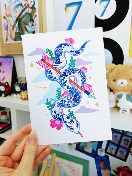 Sagitta Snake Sagittarius Postcard Print with Flowers and Plants and Arrow