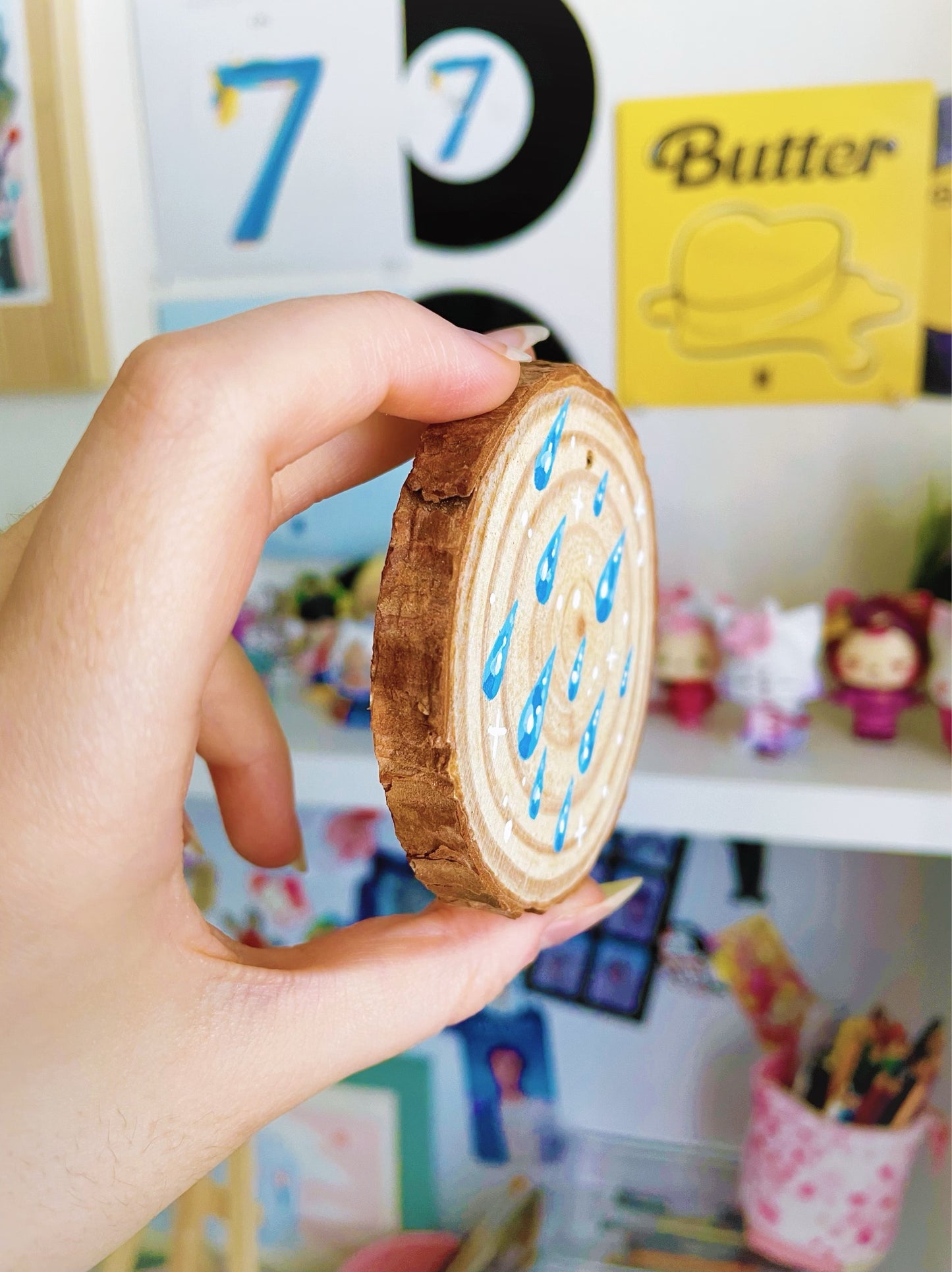 Adorable Water Droplets and Stars Acrylic Painting on Wood Slice