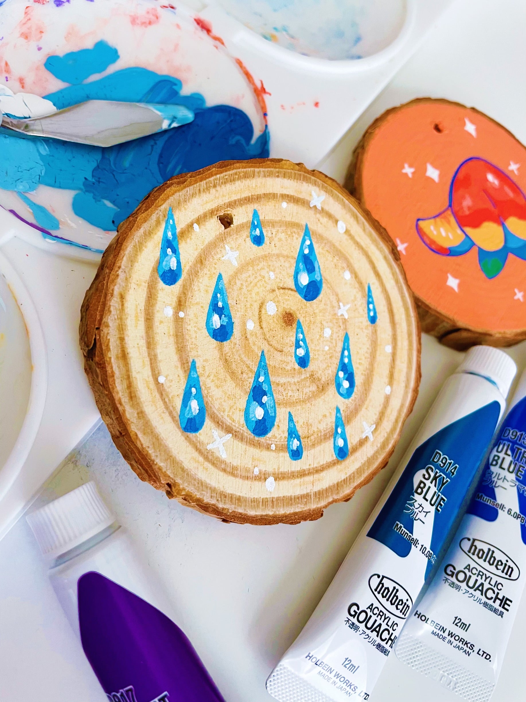 Adorable Water Droplets and Stars Acrylic Painting on Wood Slice