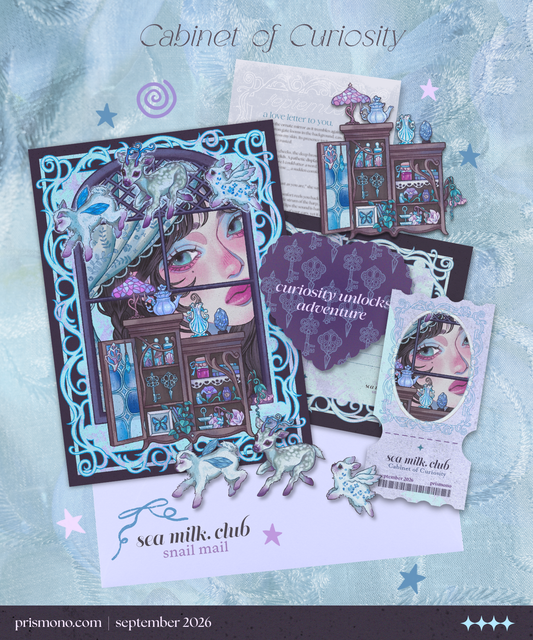A whimsical mail club titled 'Cabinet of Curiosity' featuring a large illustrated art print postcard, stickers, smaller paper pieces, a purple heart-shaped card, and decorative embellishments on a light blue patterned background.