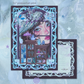 A 5x7 postcard art print featuring a whimsical fantasy-style illustration with a woman's face, a deer, rabbit, lamb, and a cabinet of curiosities, shown with a postcard insert on a pale blue textured background. Text at top reads '5x7 postcard art print'.