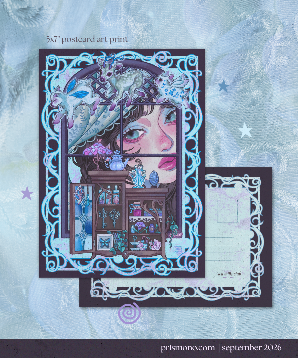 A 5x7 postcard art print featuring a whimsical fantasy-style illustration with a woman's face, a deer, rabbit, lamb, and a cabinet of curiosities, shown with a postcard insert on a pale blue textured background. Text at top reads '5x7 postcard art print'.