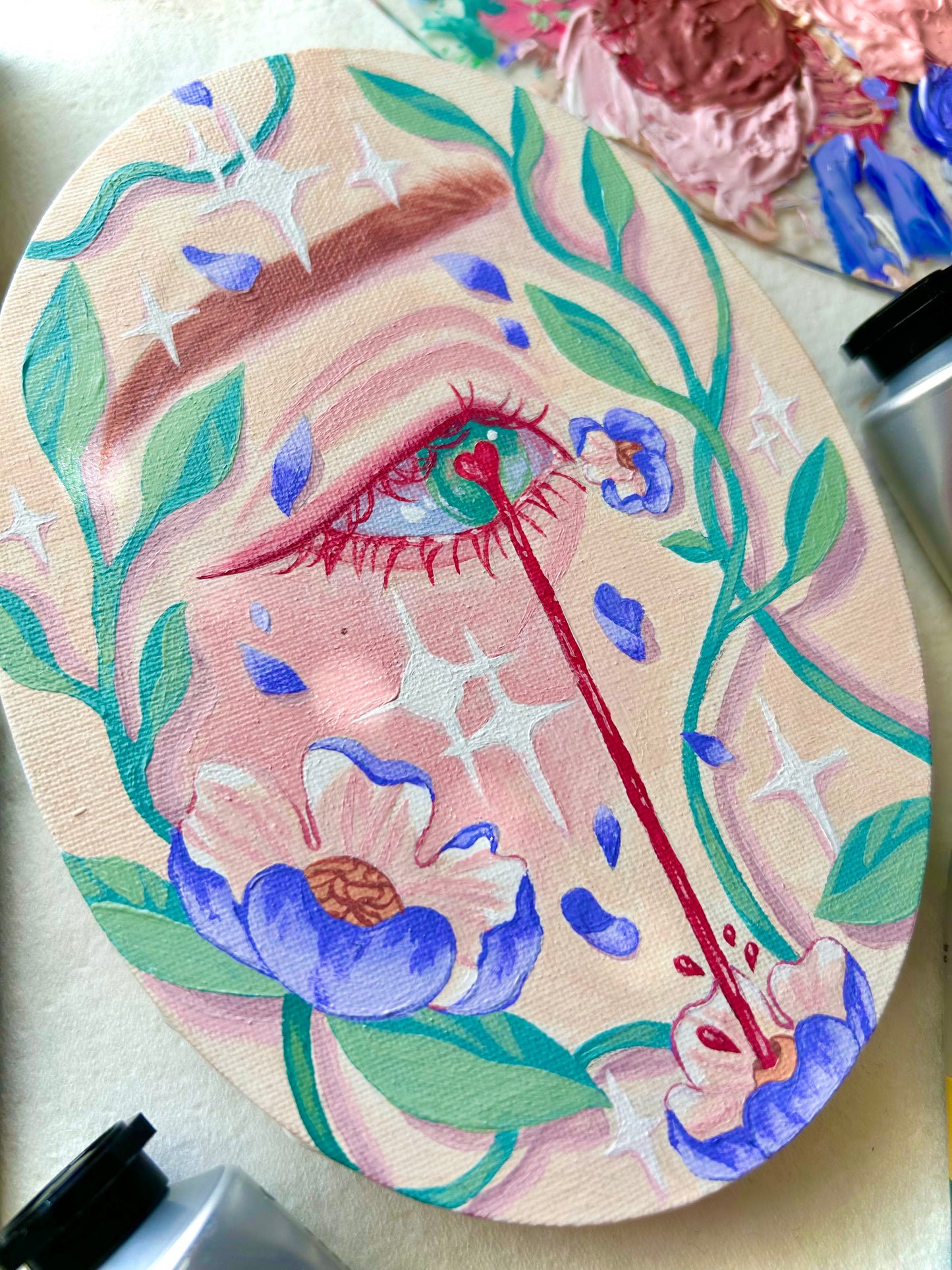"Fragile" Oval Acrylic Painting on Canvas - 5x7in