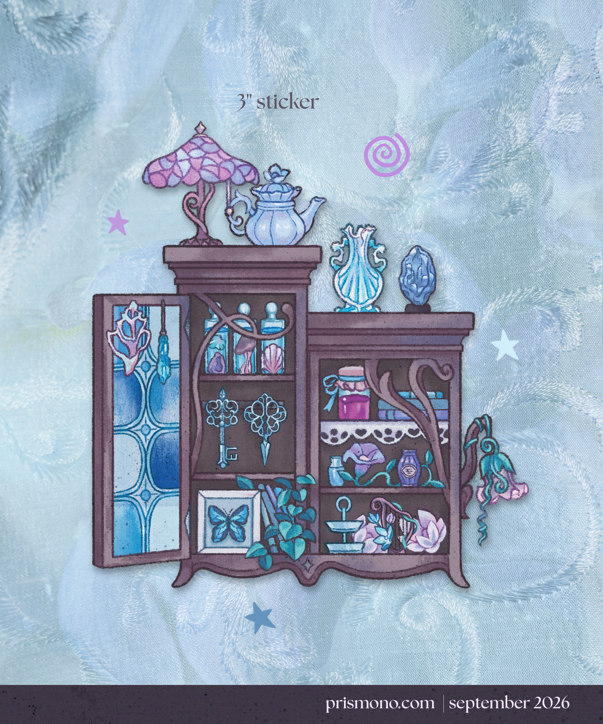A whimsical illustrated sticker design featuring a dark brown cabinet with blue stained-glass-style panels and shelves filled with pastel purple, blue, and pink objects, set against a pale blue textured background.