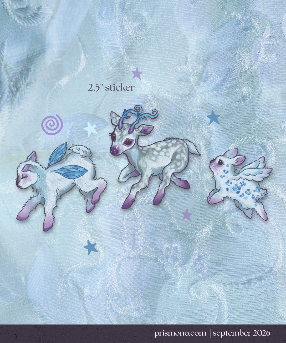 Three small fantasy animal stickers on a pale blue textured background with stars and the text '2.5" sticker'.