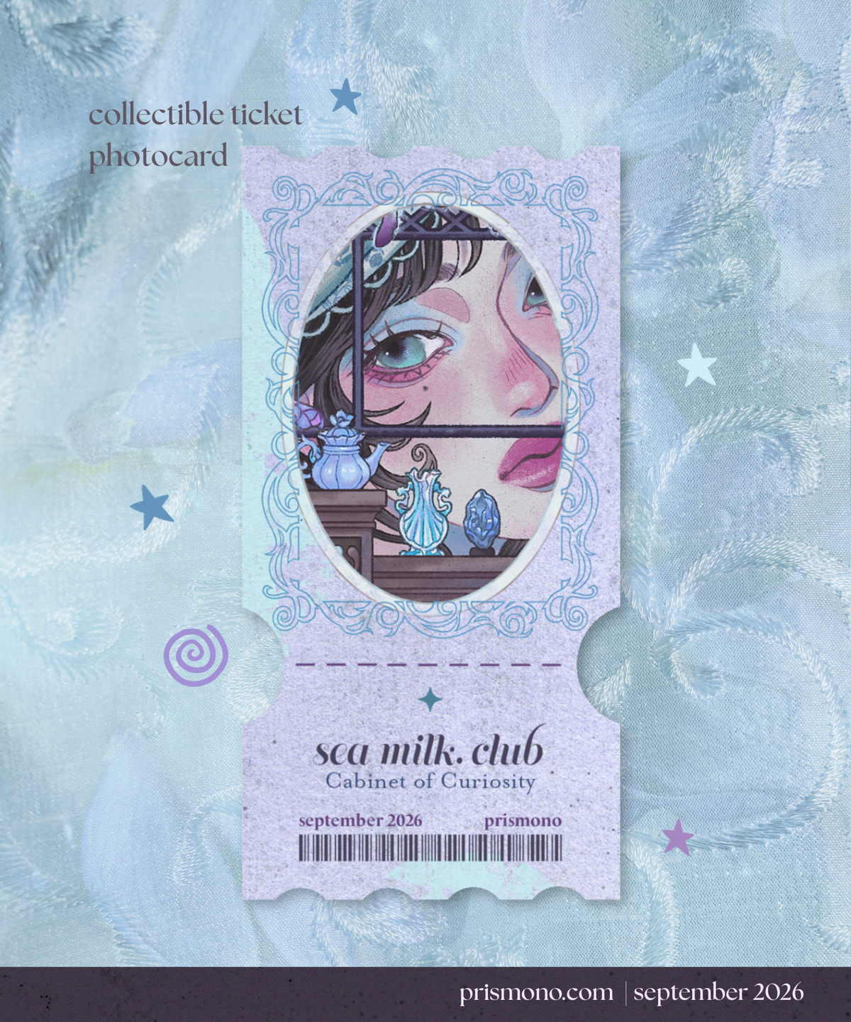 An illustrated fantasy-style collectible ticket photocard for the 'sea milk. club' mail club by Prismono.