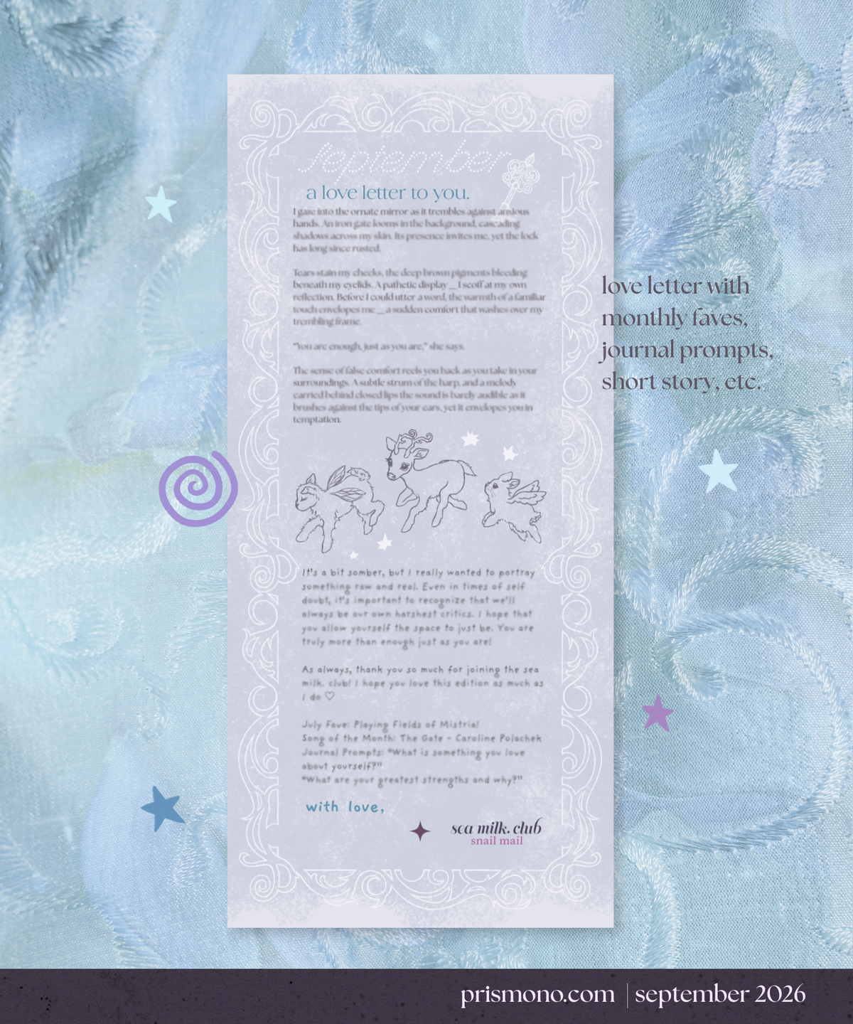 A printed love letter card with decorative border and cursive writing, displayed on a textured light blue fabric background with scattered star and swirl stickers. The card includes a short story, small animal illustrations, and a message from the sea milk. mail club.