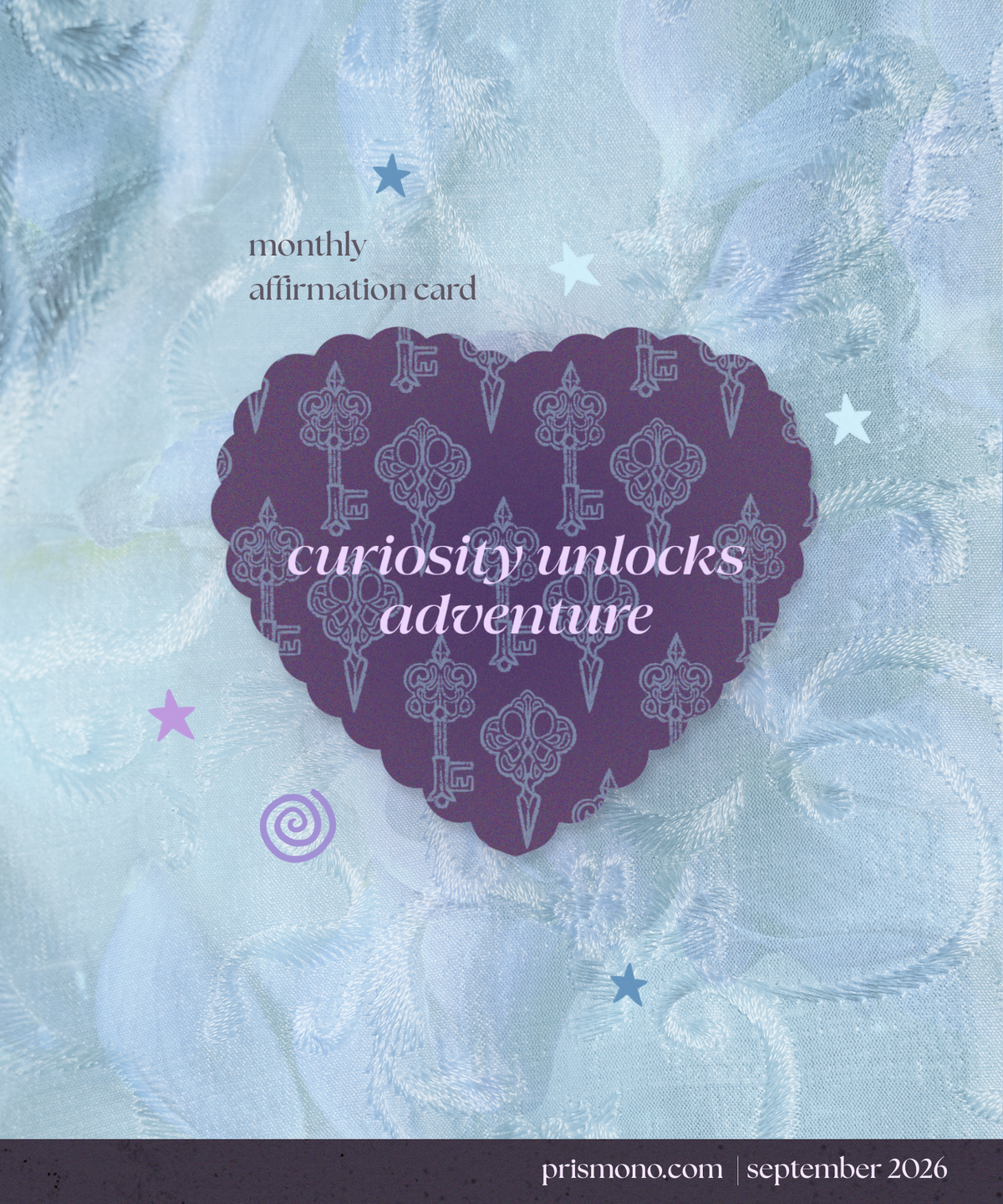 A monthly affirmation card featuring a dark purple heart-shaped card with a key pattern, set against a light blue lace background with small star illustrations.