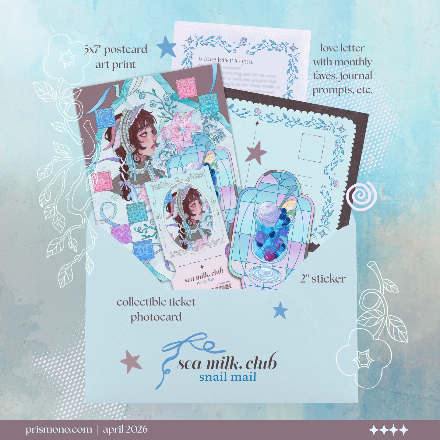 Collection of cream soda and Japanese fashion themed stationery featuring an art print postcard, sticker, photocard, and letter in a snail mail club envelope.
