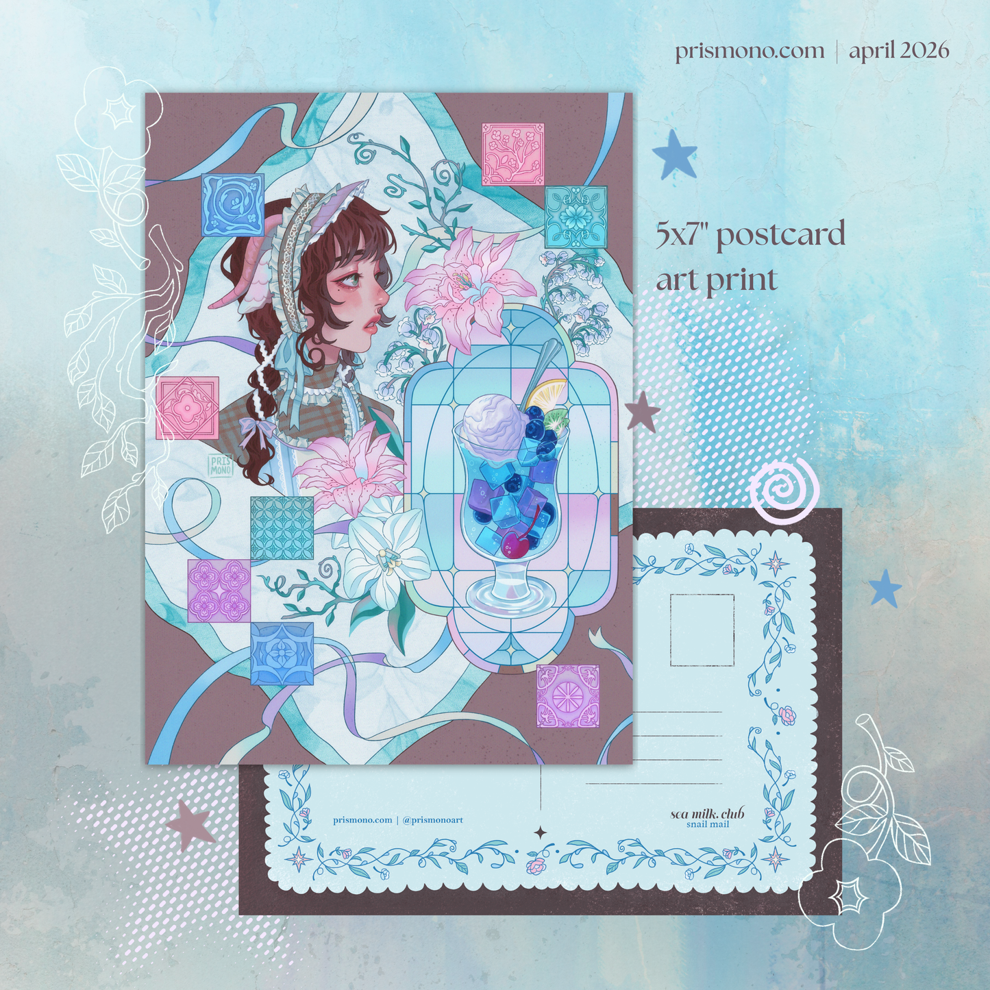 Collection of cream soda and Japanese fashion themed stationery featuring an art print postcard, sticker, photocard, and letter in a snail mail club envelope.