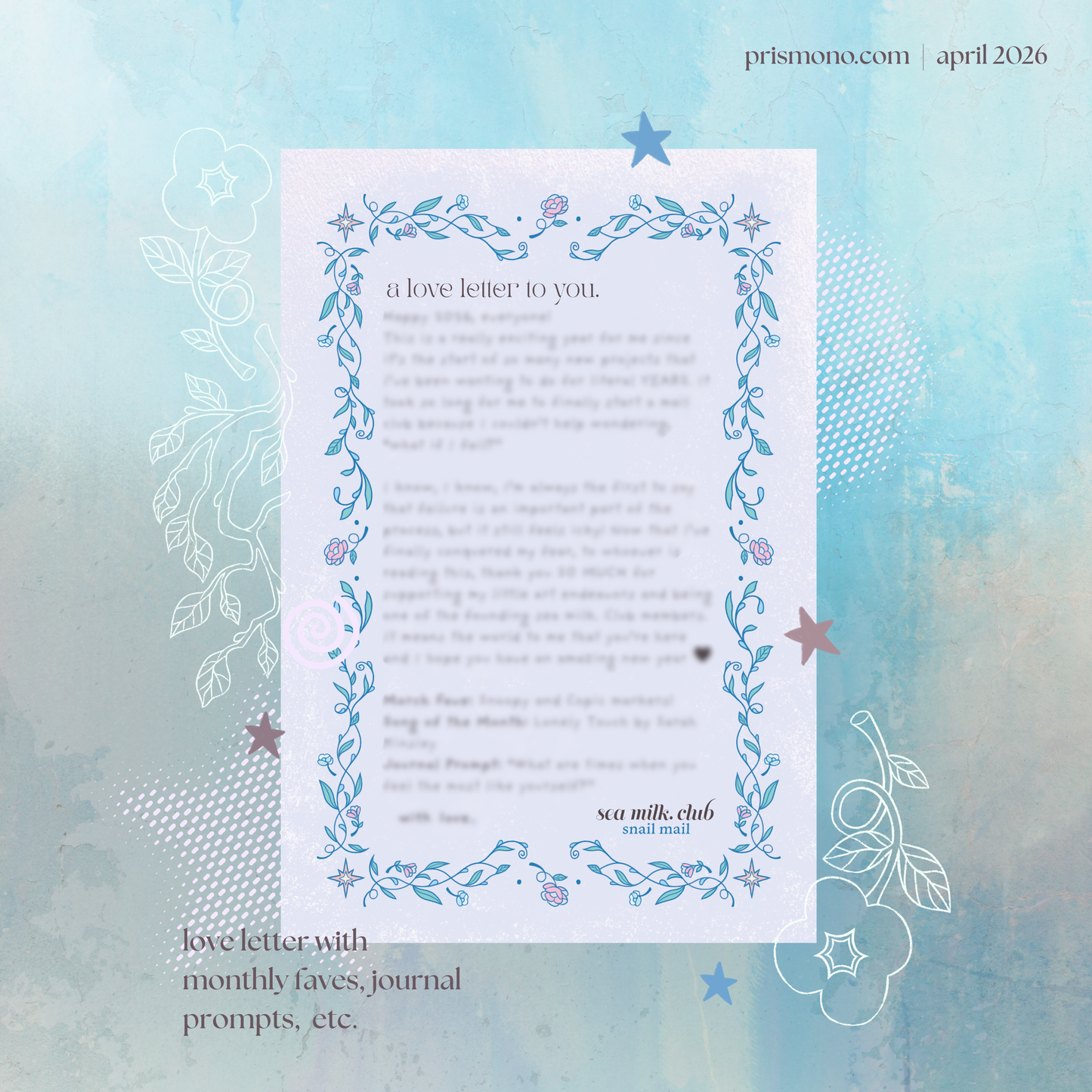 Collection of cream soda and Japanese fashion themed stationery featuring an art print postcard, sticker, photocard, and letter in a snail mail club envelope.