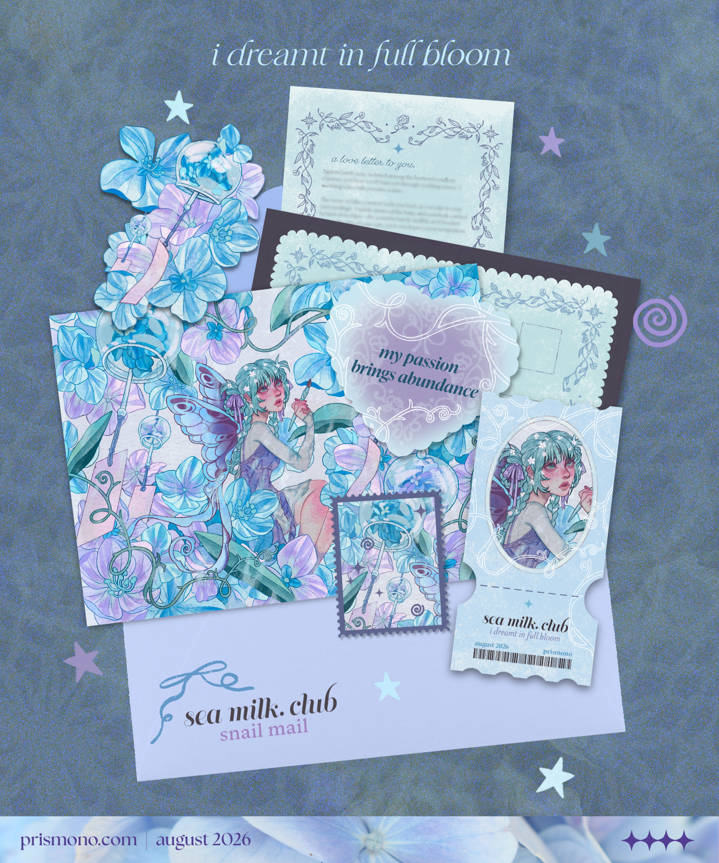 A flat lay of pastel blue and lavender craft paper embellishments, stickers, and a small printed card arranged on a textured blue-gray background for a snail mail club. The designs feature whimsical fairy and floral hydrangea illustrations, with text including 'i dreamt in full bloom' and 'sea milk.'