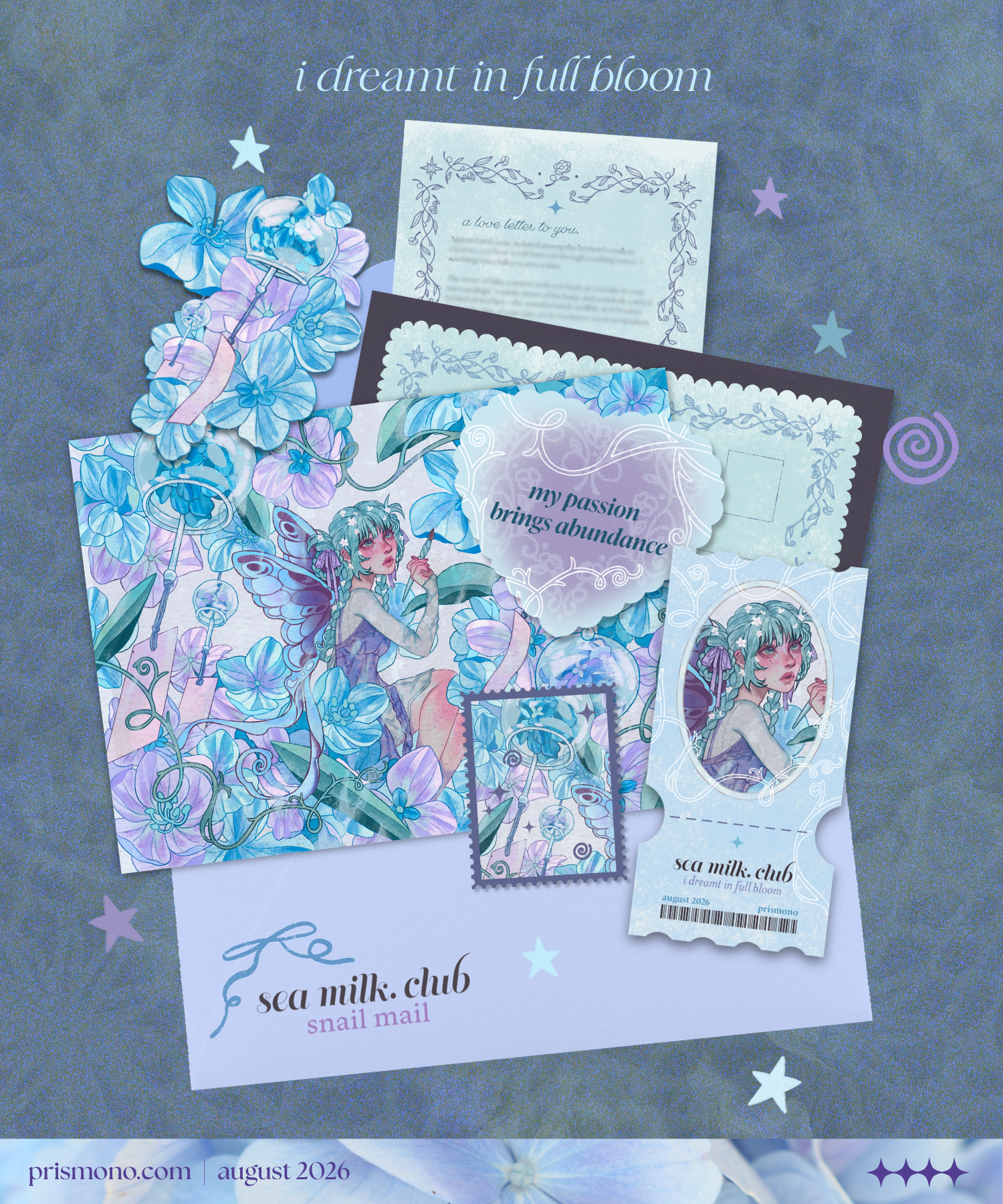 A flat lay of pastel blue and lavender craft paper embellishments, stickers, and a small printed card arranged on a textured blue-gray background for a snail mail club. The designs feature whimsical fairy and floral hydrangea illustrations, with text including 'i dreamt in full bloom' and 'sea milk.'