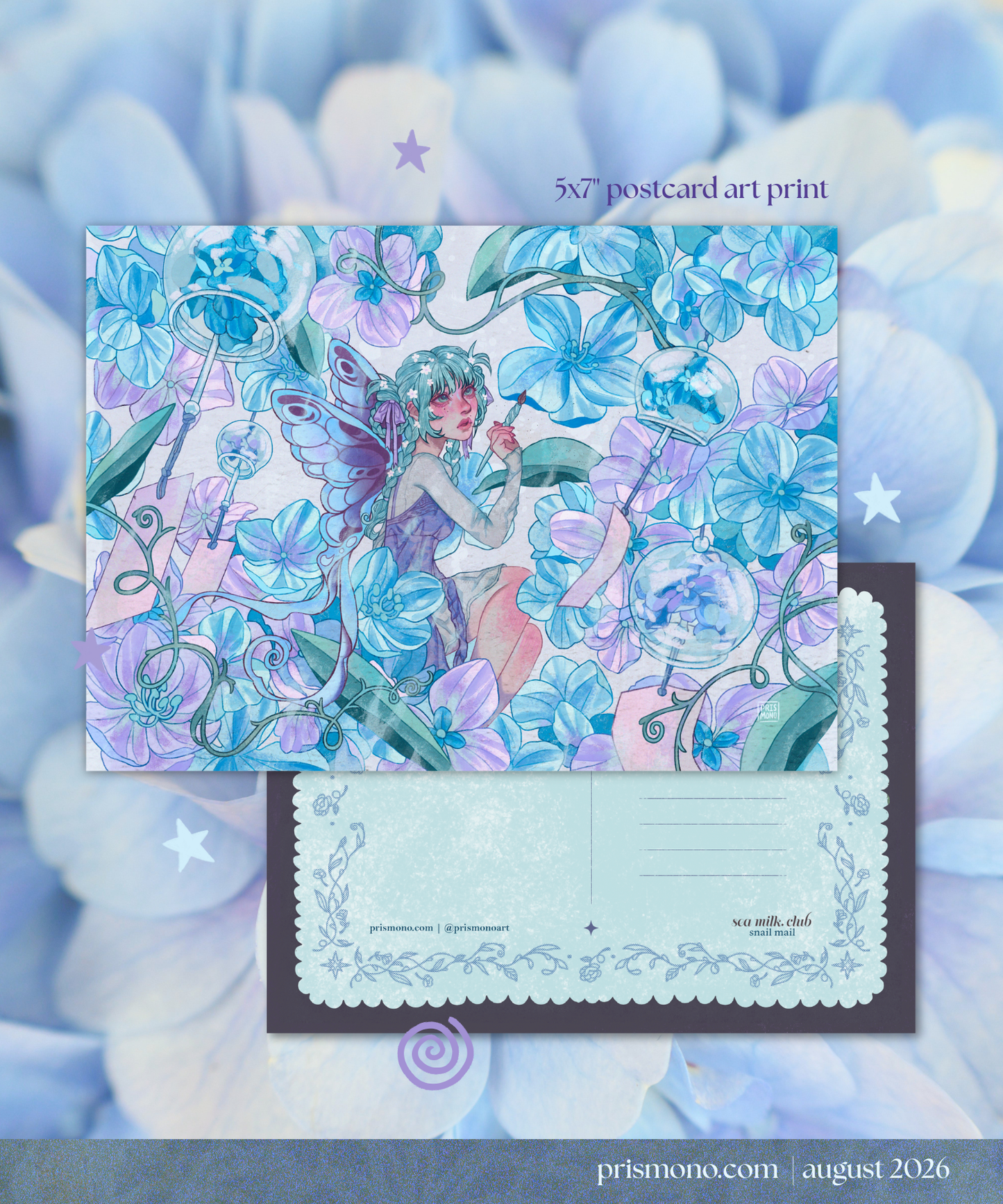A 5x7 postcard art print featuring a whimsical fairy illustration surrounded by blue and purple hydrangea flowers, shown with the front artwork and a sample back design over a soft blue floral background.